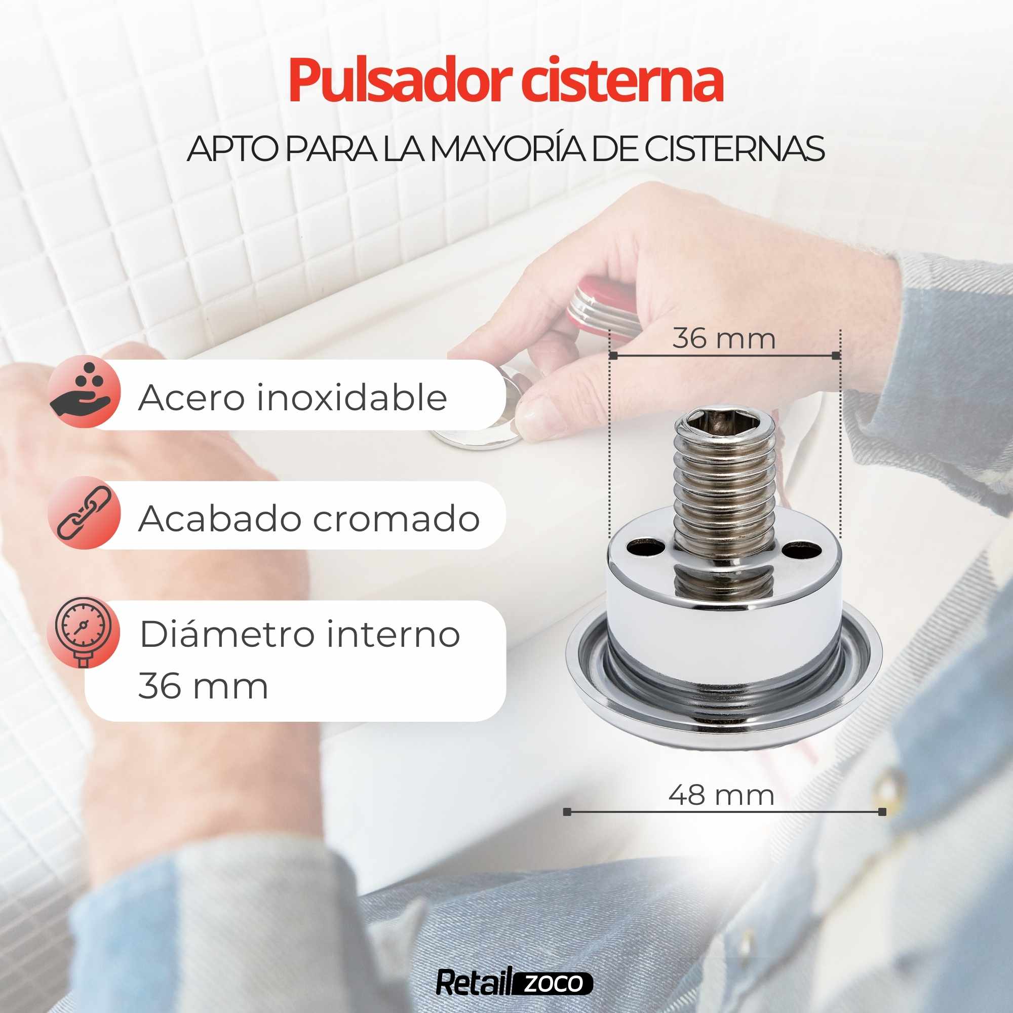 Pulsador cisterna simple descarga cromado - imagen 4