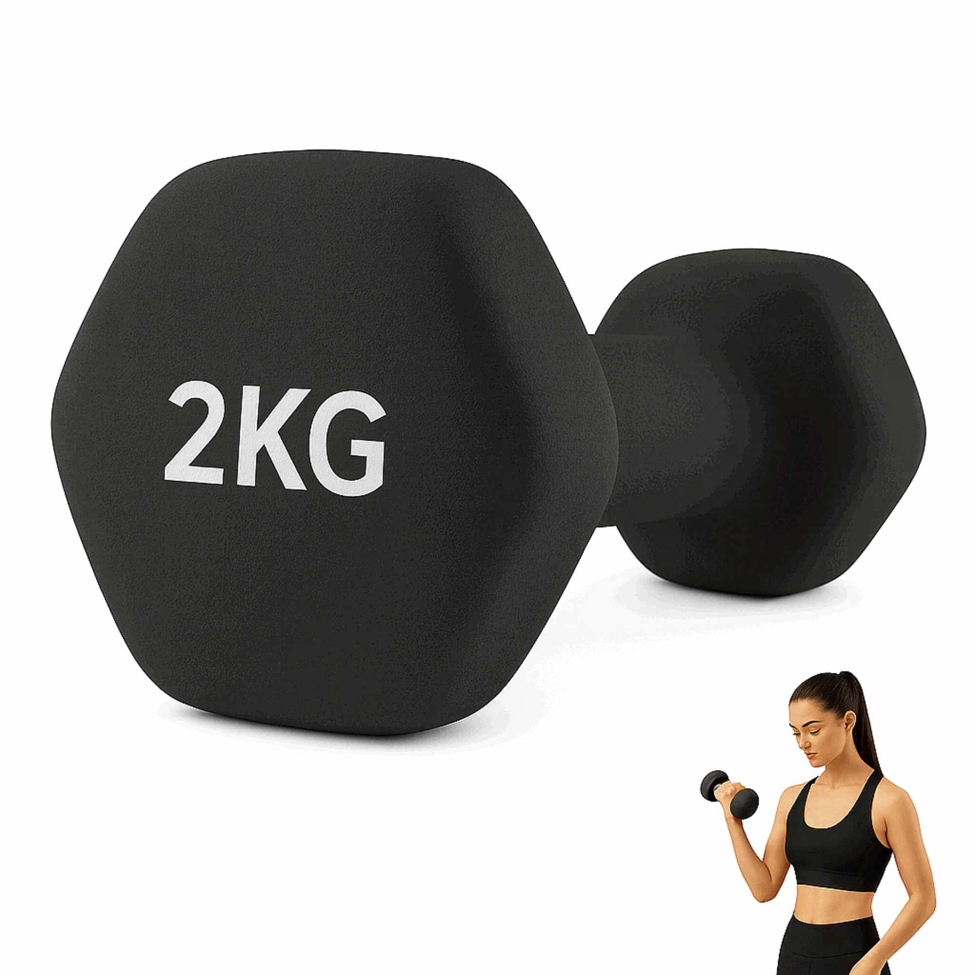 Mancuerna de neopreno hexagonal fitness Negro 2 Kg