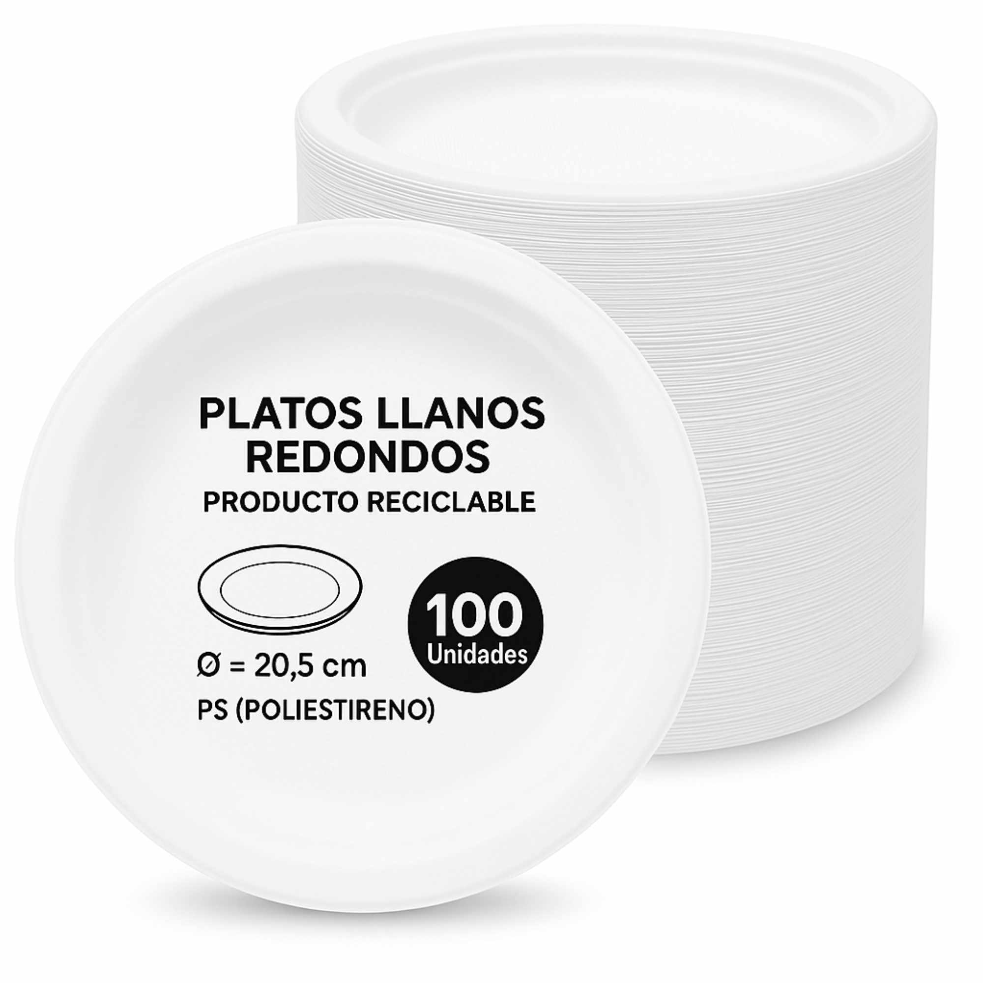 Platos llanos de plástico blancos reutilizables 20.5 cm 100 unidades
