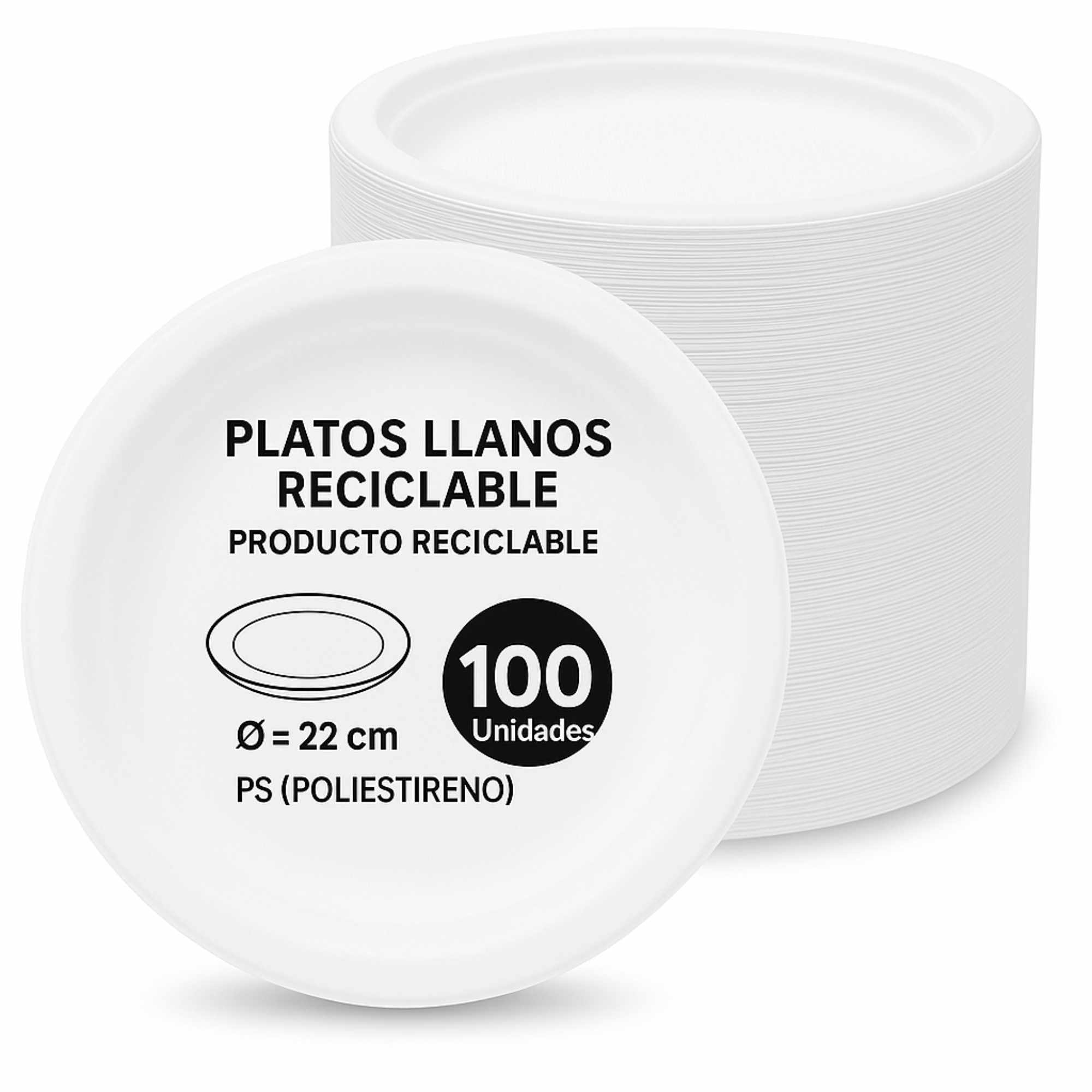 Platos llanos de plástico blancos reutilizables 22 cm 100 unidades - imagen 1