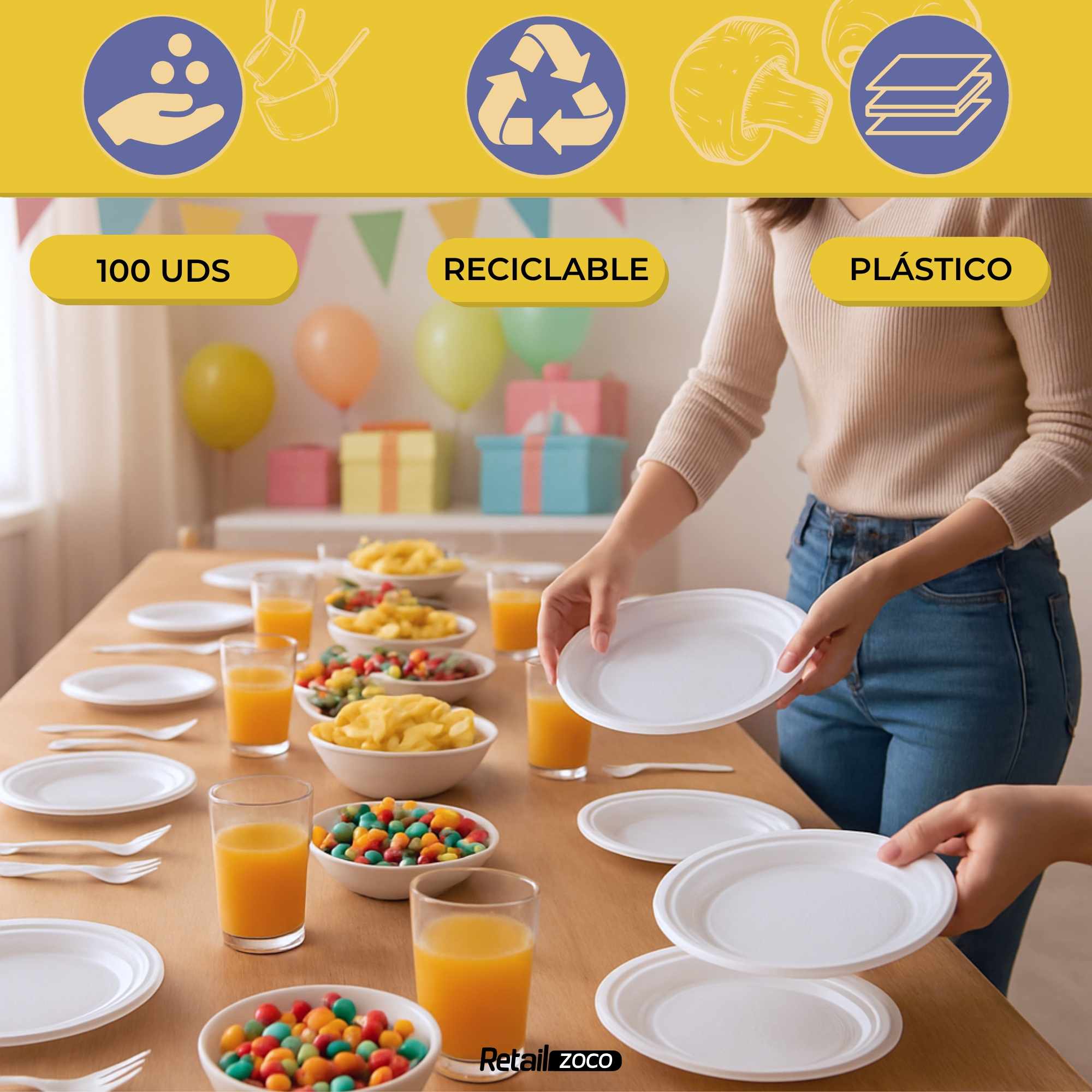 Platos llanos de plástico blancos reutilizables 22 cm 100 unidades - imagen 2