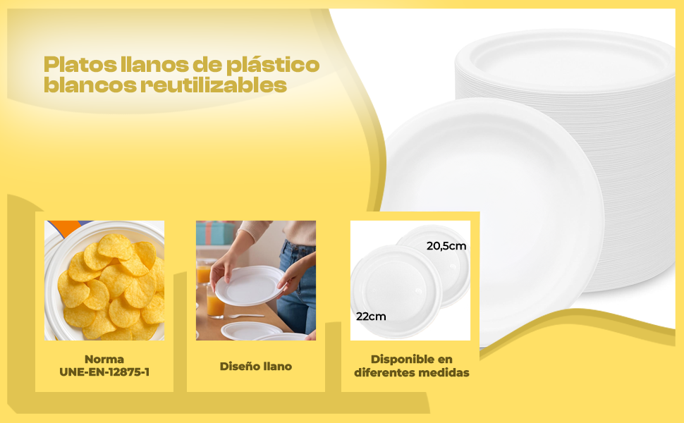 Banner - Platos llanos de plástico blancos reutilizables 22 cm 100 unidades