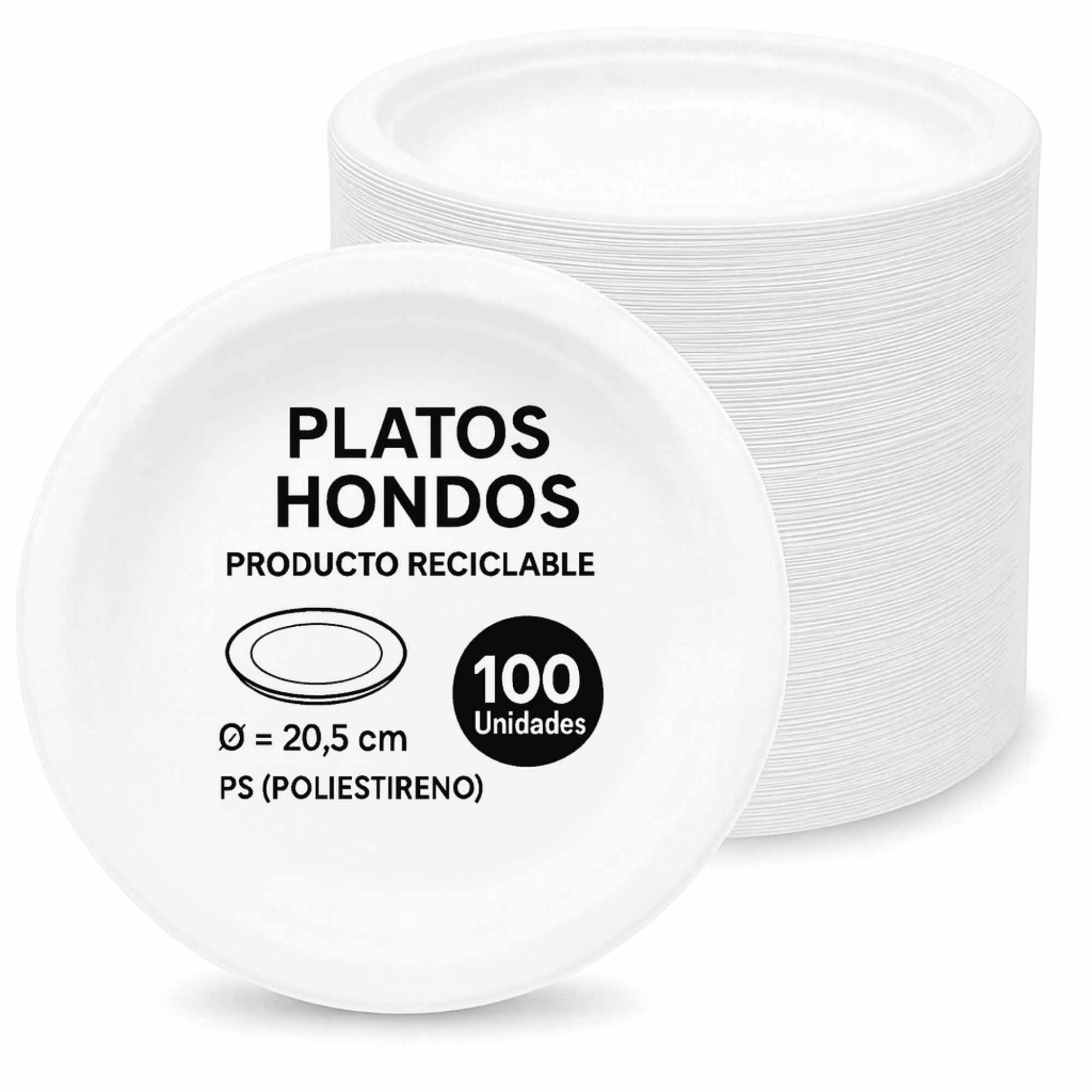 Platos hondo de plástico blancos reutilizables 20.5 cm 100 unidades