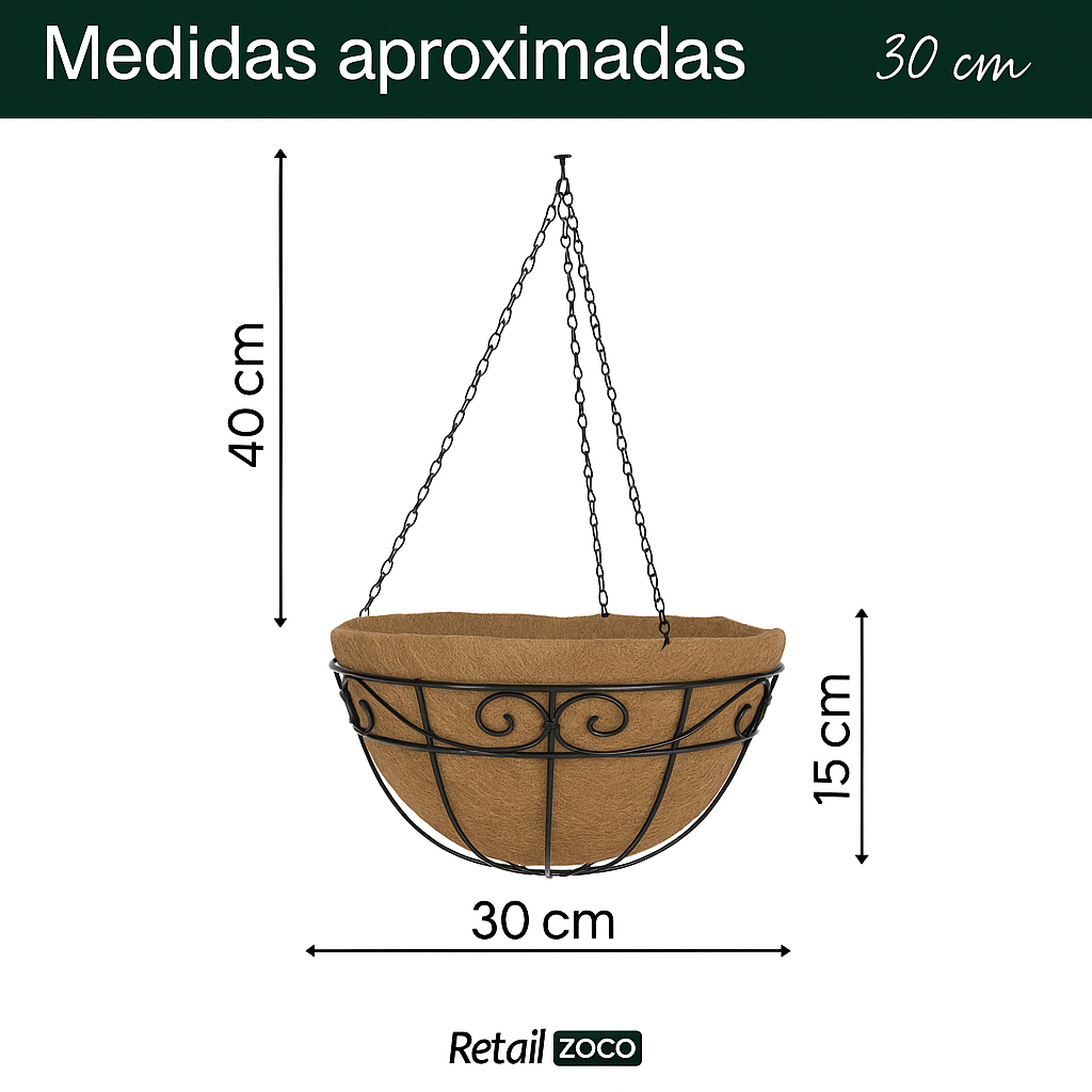 Macetero de coco colgante pared diámetro 30 cm tipo arabesco - imagen 3