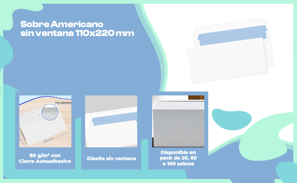 Banner - Sobre Americano 110 x 220 mm autoadhesivos sin ventana 20 unidades