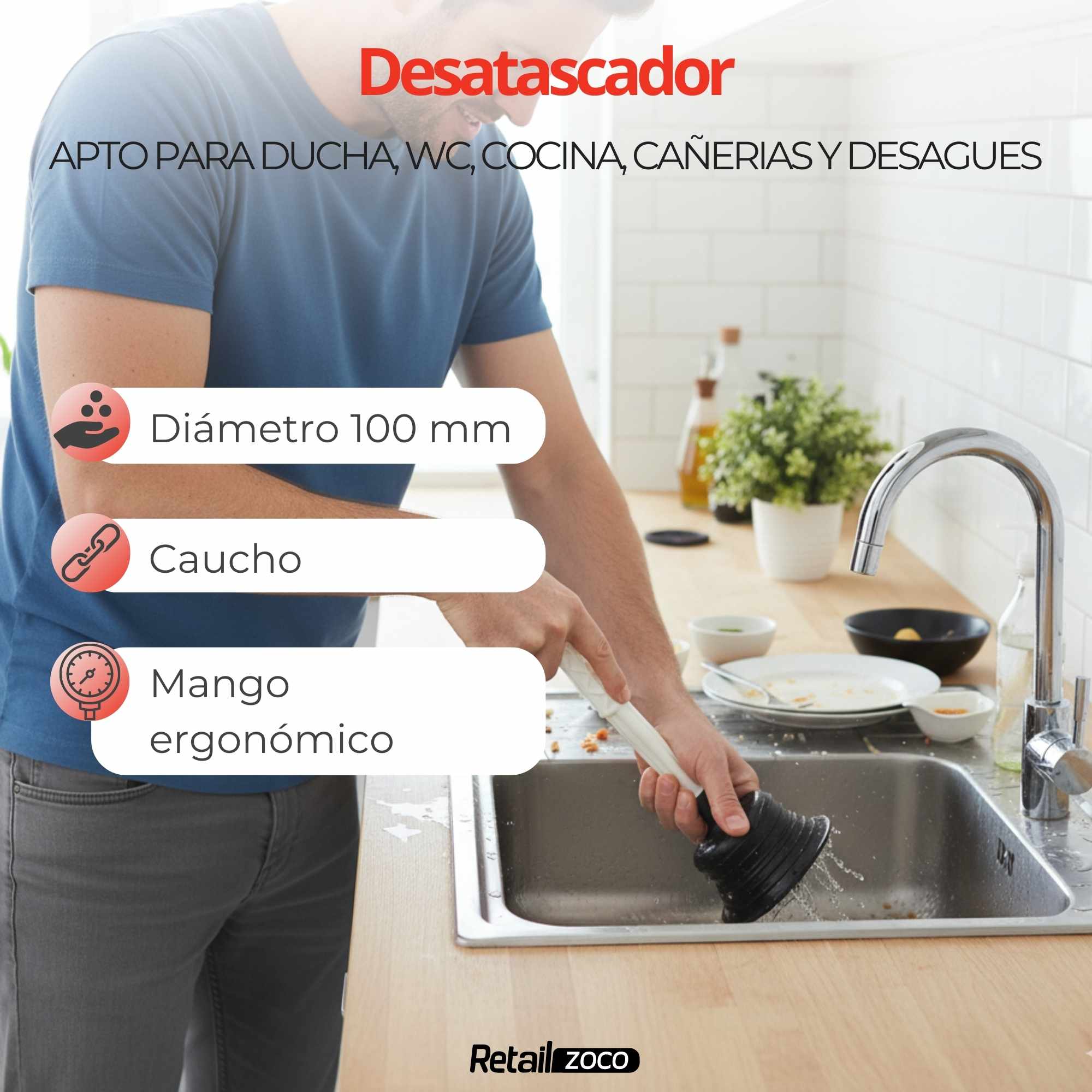 Desatascador de Fregadero de 100 mm de diámetro con Mango - imagen 3