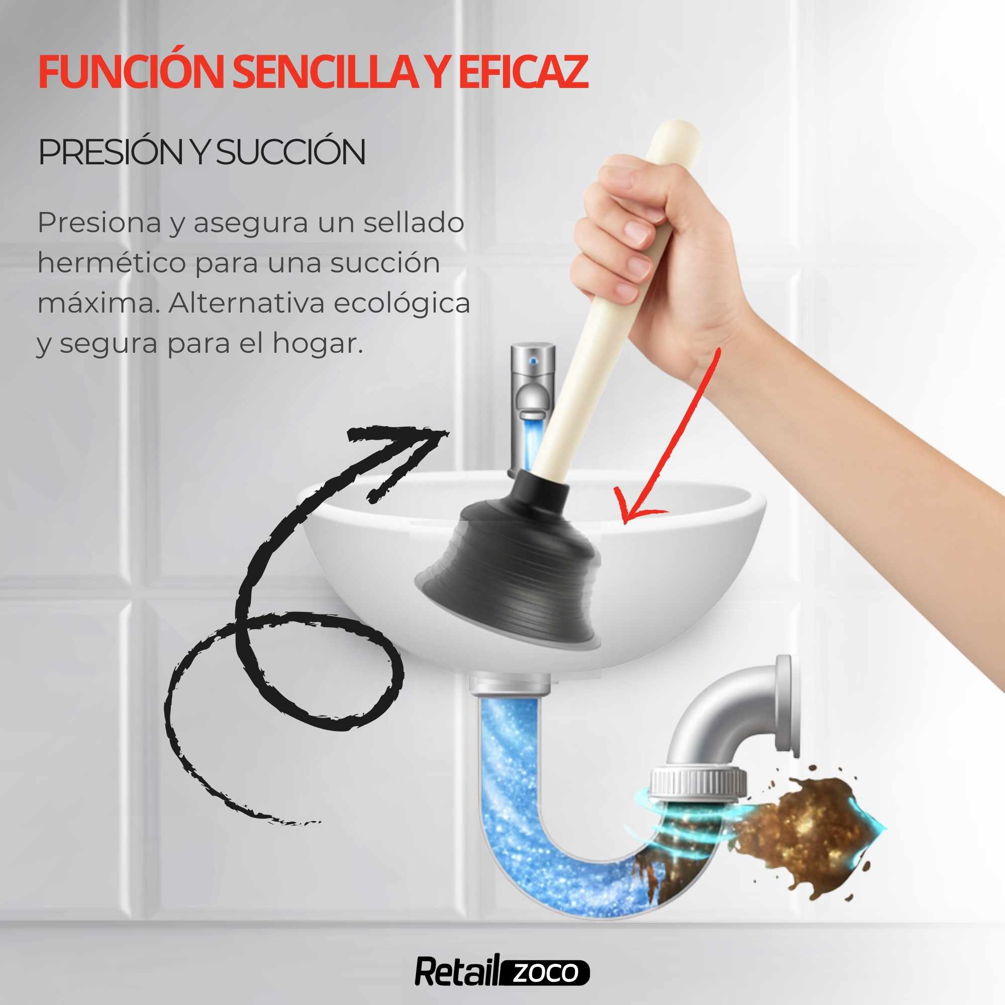 Desatascador de Fregadero de 100 mm de diámetro con Mango - imagen 5