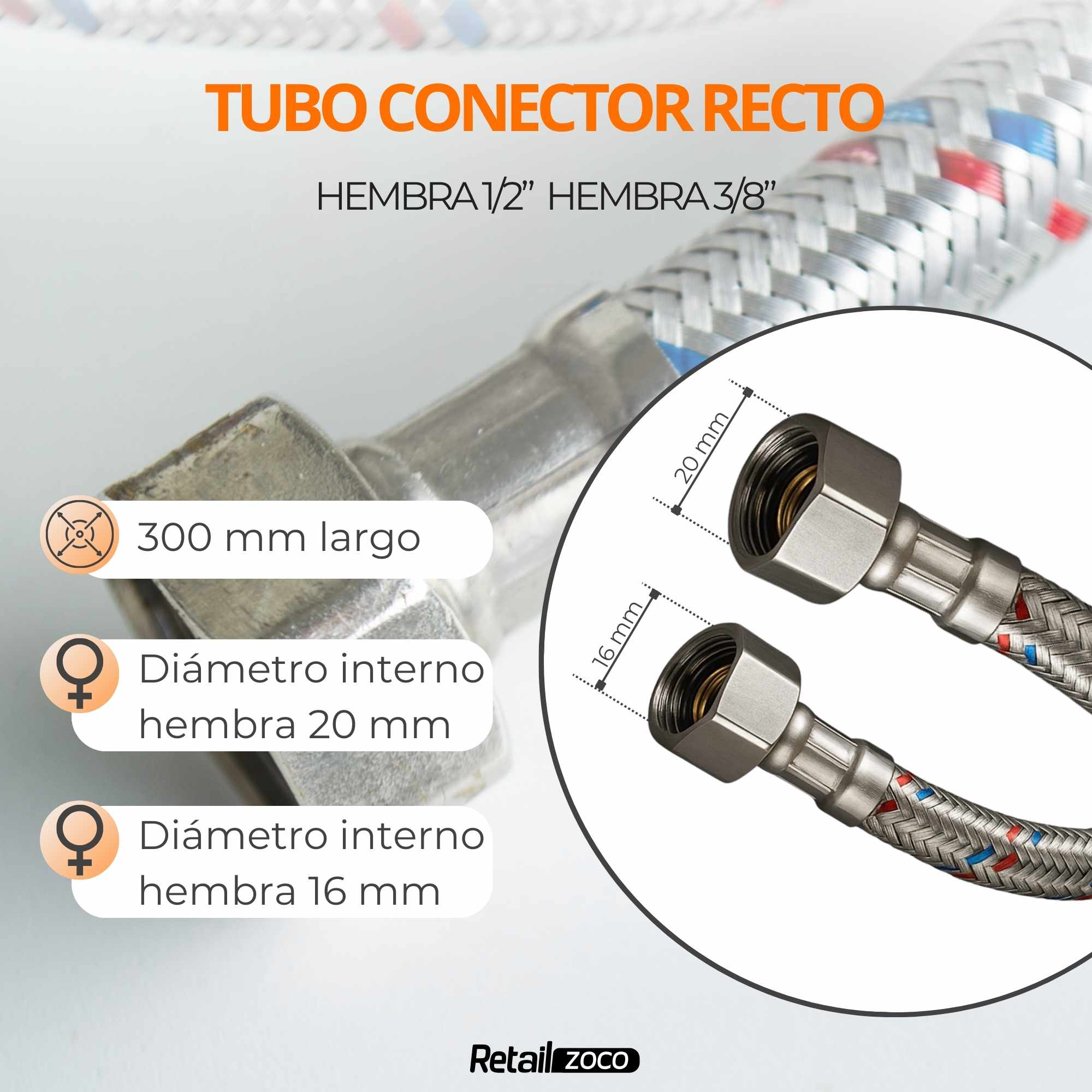 Latiguillo de Grifo Flexible 30 cm Hembra 3/8 a Hembra 1/2 - imagen 3