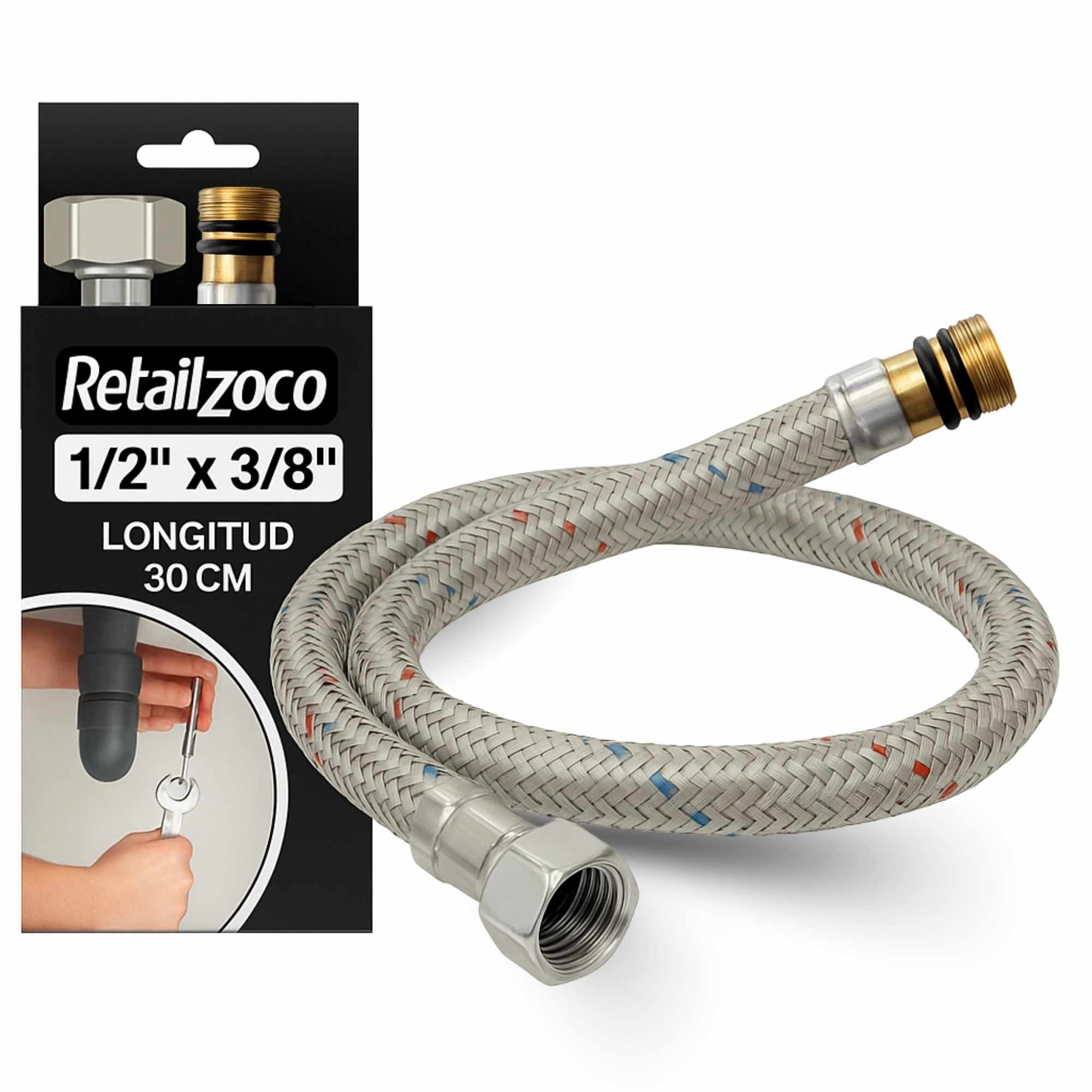 Latiguillo de Grifo Flexible 30 cm Macho 3/8 a Hembra 1/2