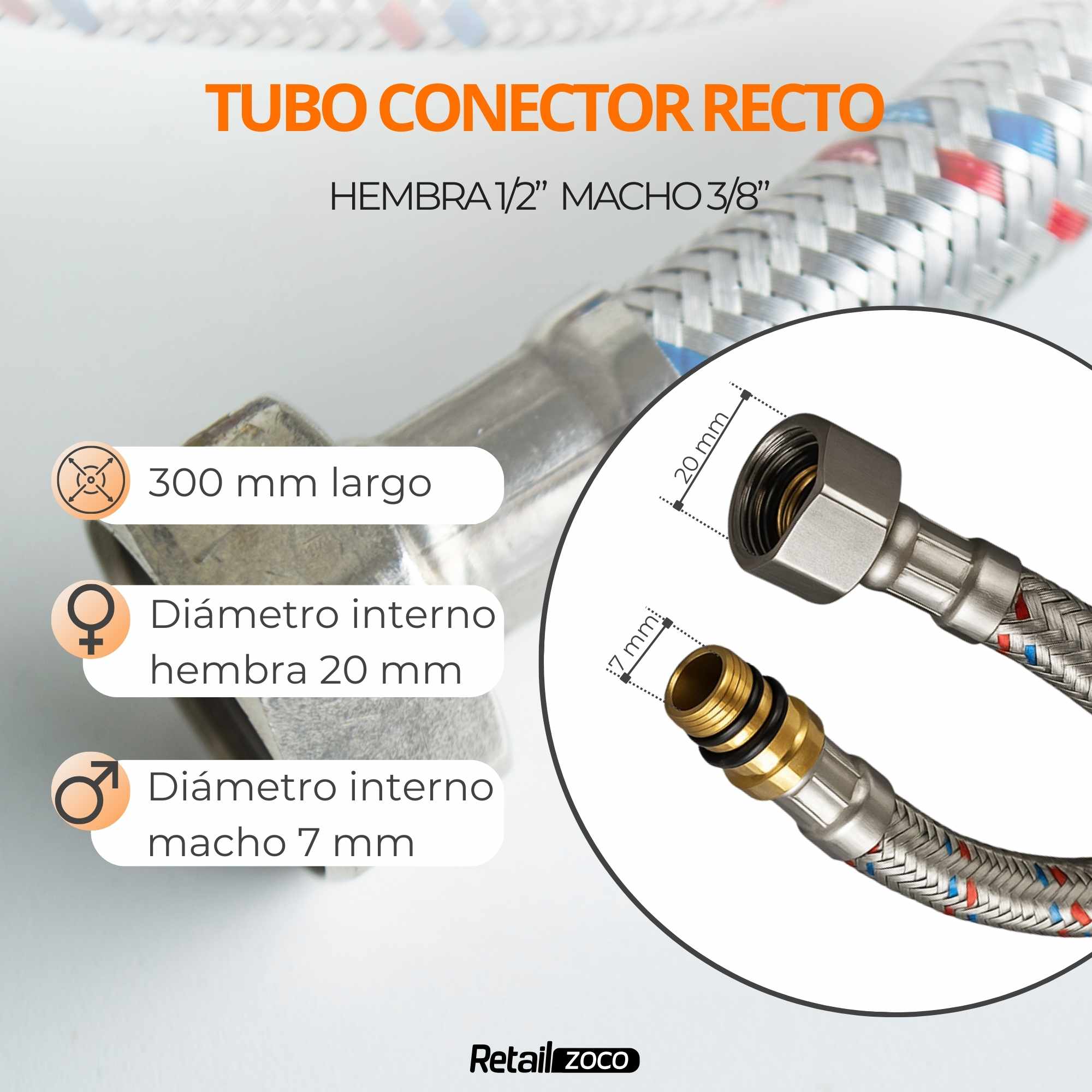 Latiguillo de Grifo Flexible 30 cm Macho 3/8 a Hembra 1/2 - imagen 4