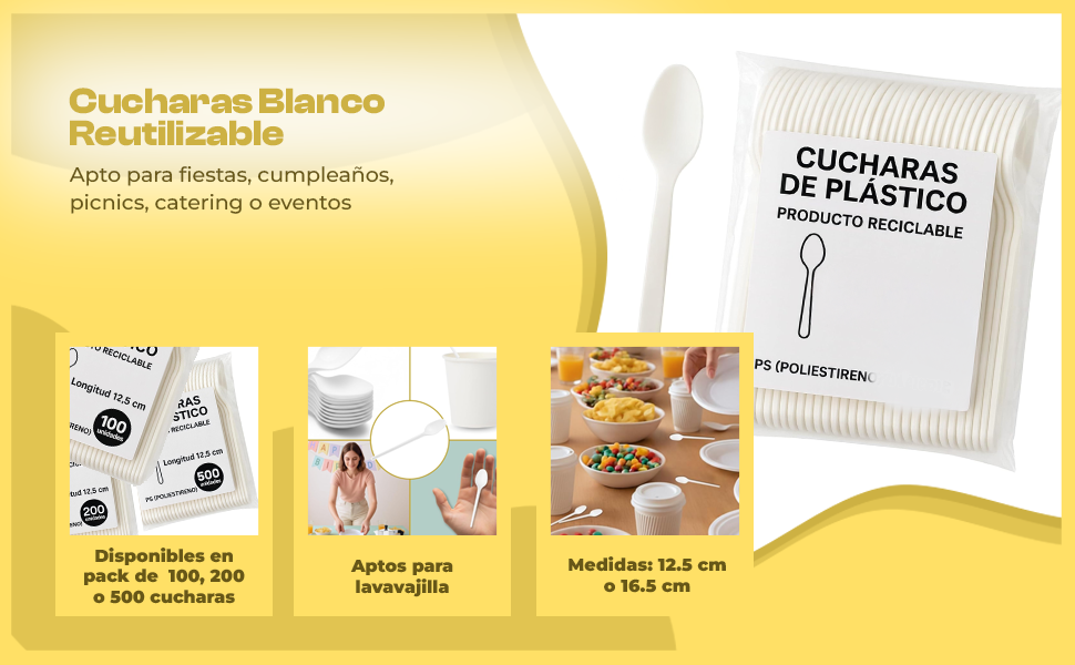 Banner - Cucharas de plástico Reutilizable para Postre 12.5 cm Reutilizable 100 unidades