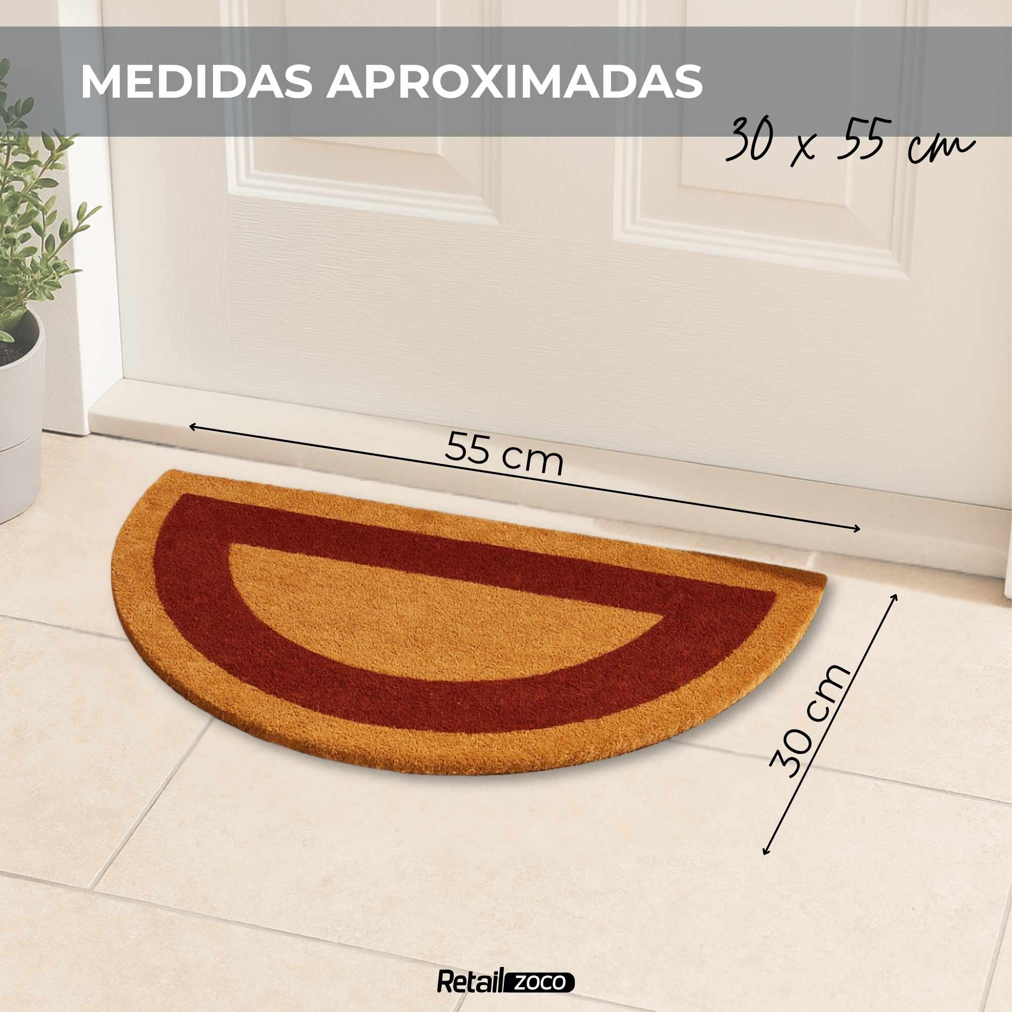 Felpudo de coco natural con cenefa Rojo Semicircular 30 x 55 cm - imagen 3