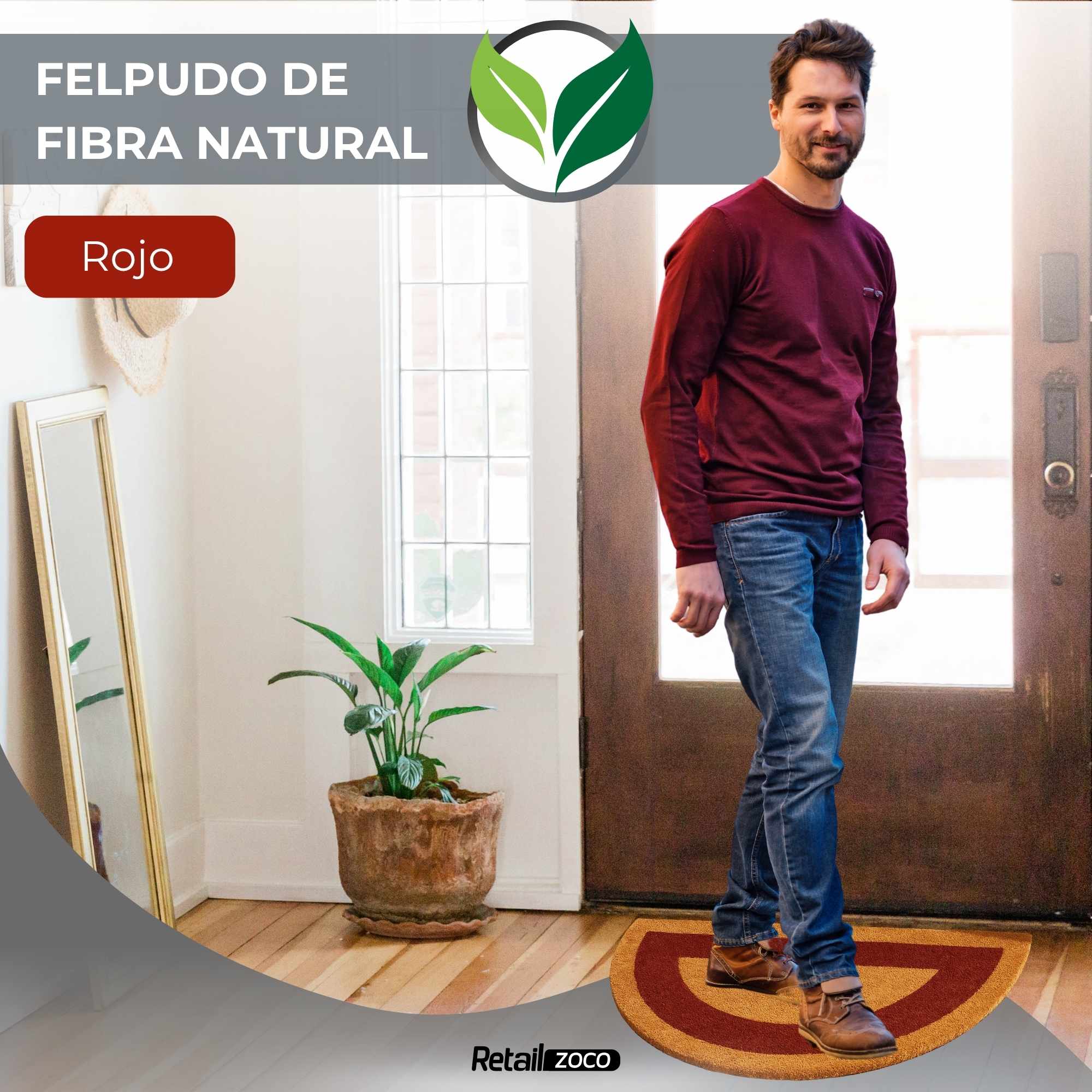 Felpudo de coco natural con cenefa Rojo Semicircular 30 x 55 cm - imagen 2