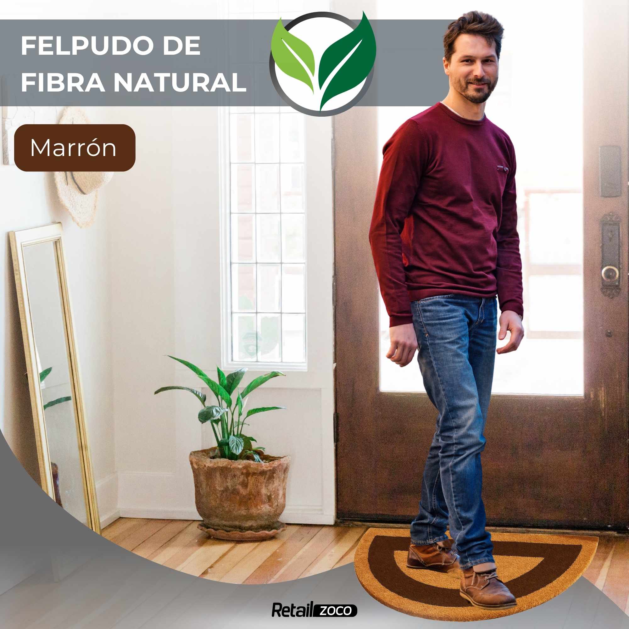 Felpudo de coco natural con cenefa Marrón Semicircular 30 x 55 cm - imagen 2