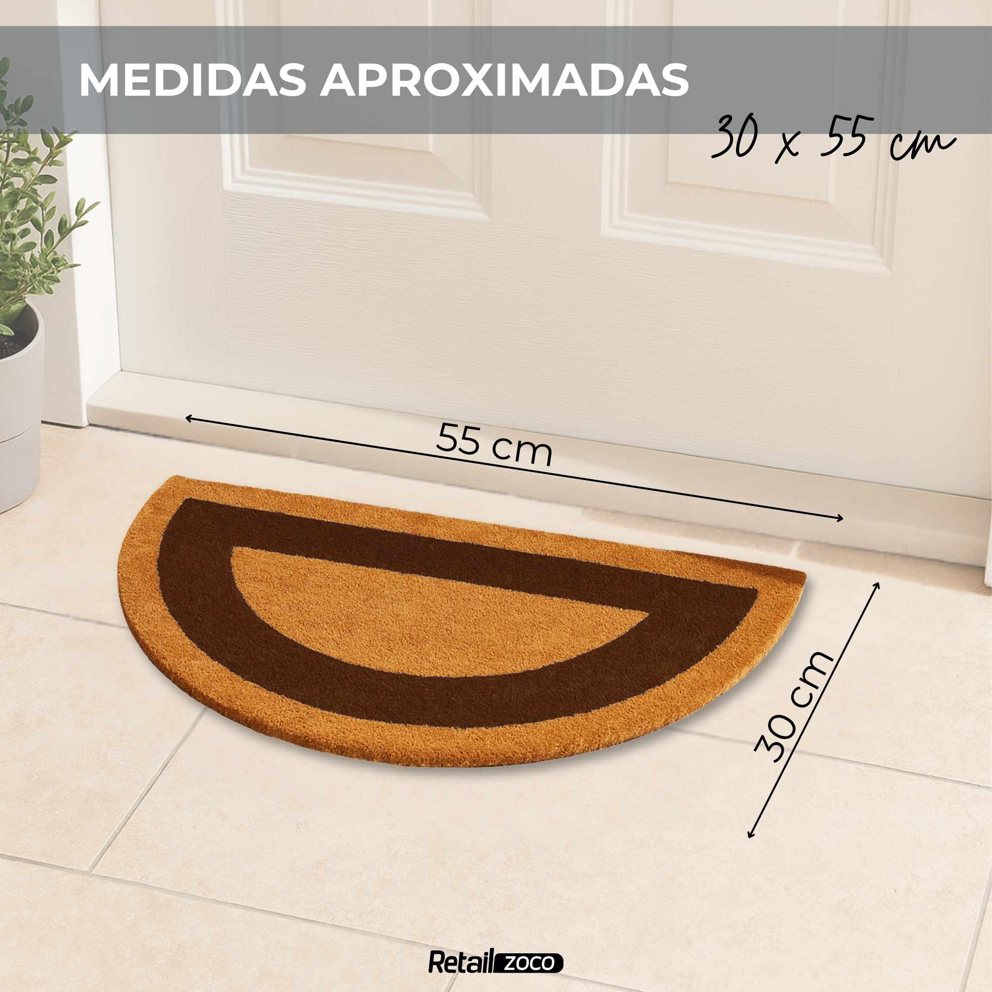 Felpudo de coco natural con cenefa Marrón Semicircular 30 x 55 cm - imagen 3