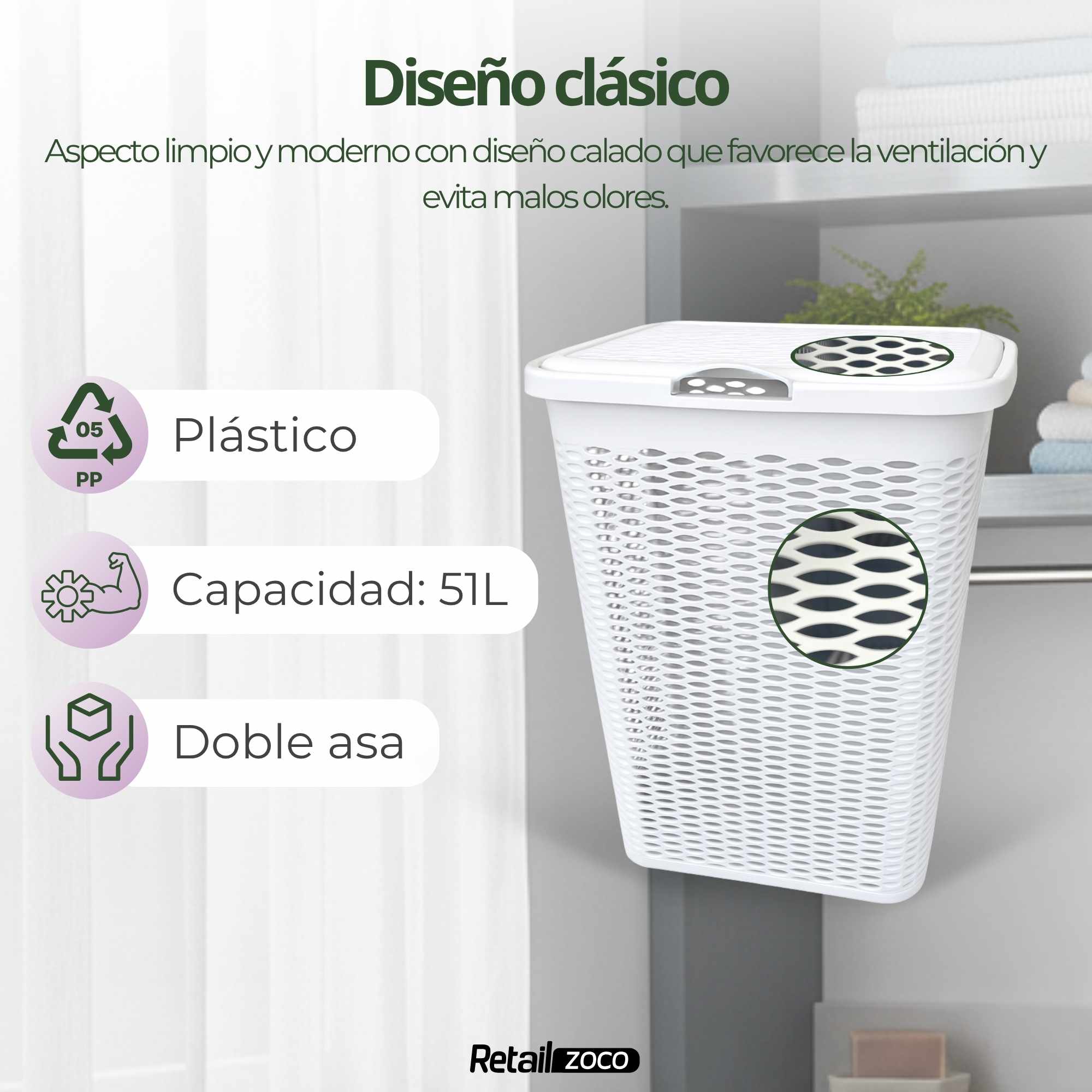Baúl para la colada 51 Litros Blanco - imagen 3