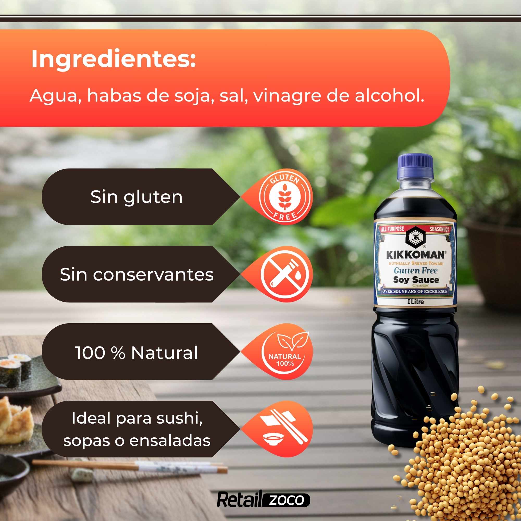 Salsa de Soja sin gluten Kikkoman 1000 ml - imagen 3