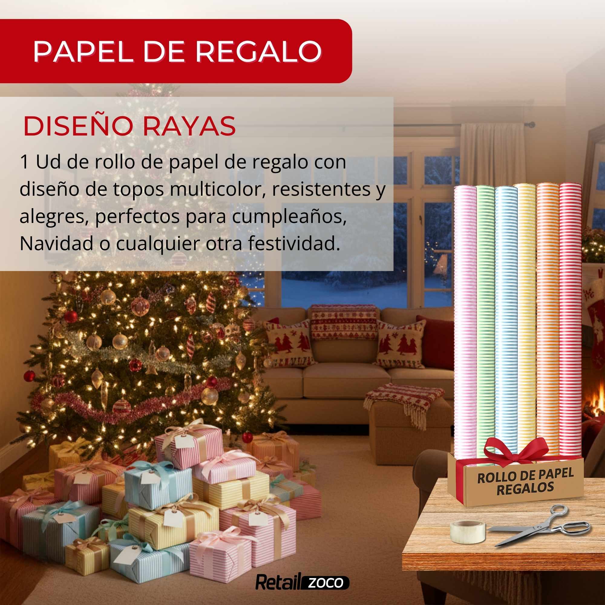 Rollo de papel de regalo navideño Rayas 70 cm x 2 Metros - imagen 2