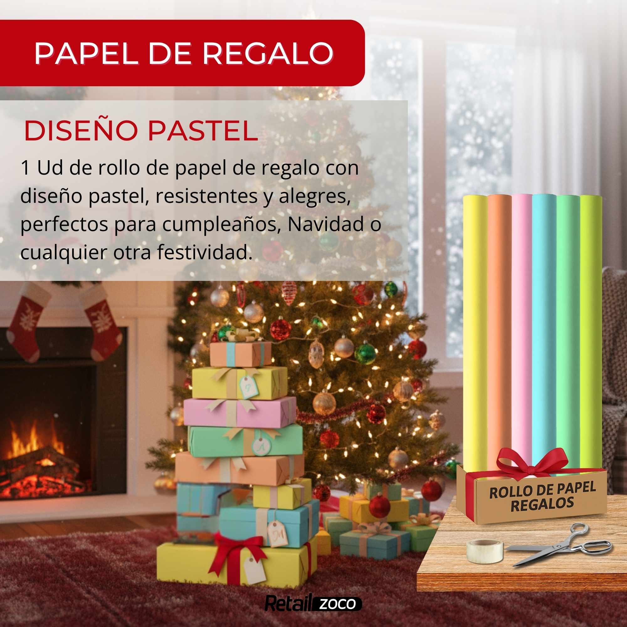 Rollo de papel de regalo navideño Pastel 70 cm x 2 Metros - imagen 2