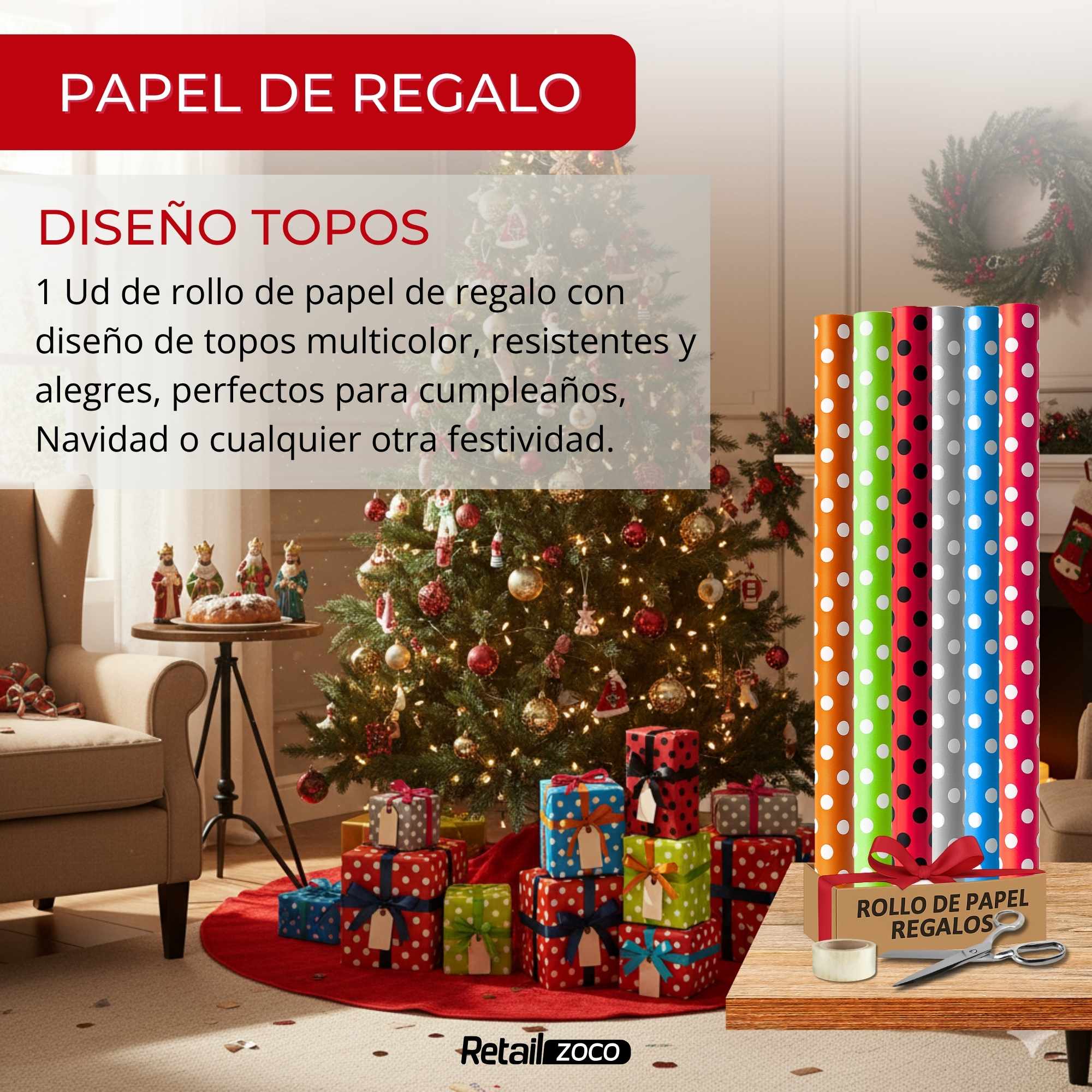 Rollo de papel de regalo navideño Topos 70 cm x 2 Metros - imagen 2