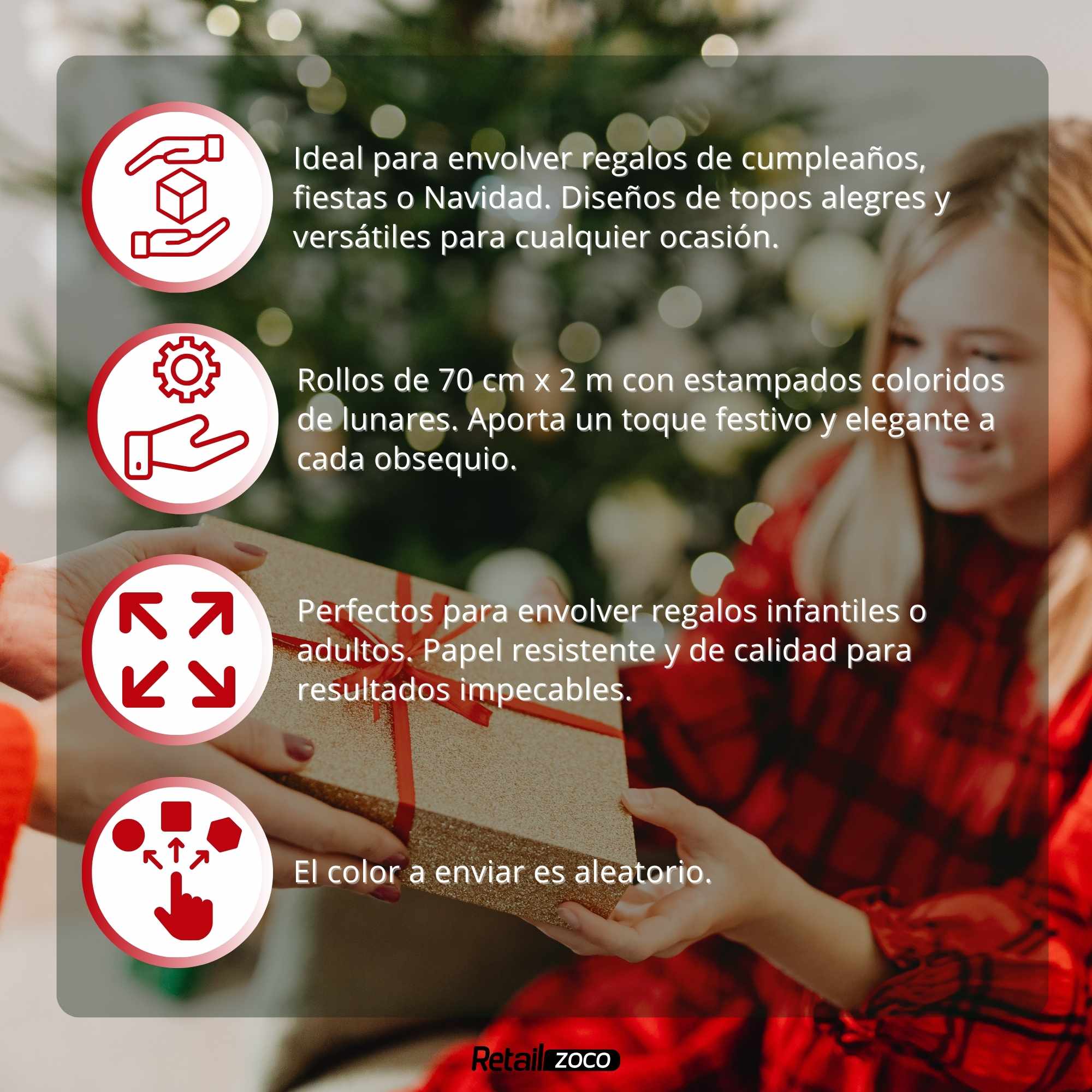 Rollo de papel de regalo navideño Topos 70 cm x 2 Metros - imagen 3