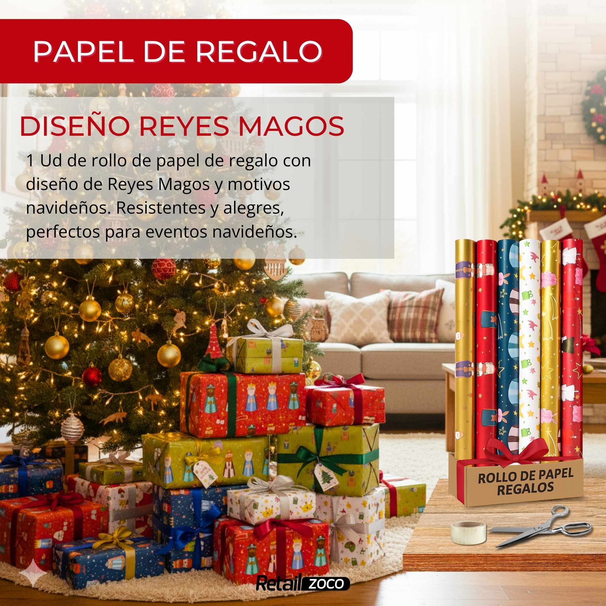 Rollo de papel de regalo navideño Reyes Magos 70 cm x 2 Metros - imagen 2