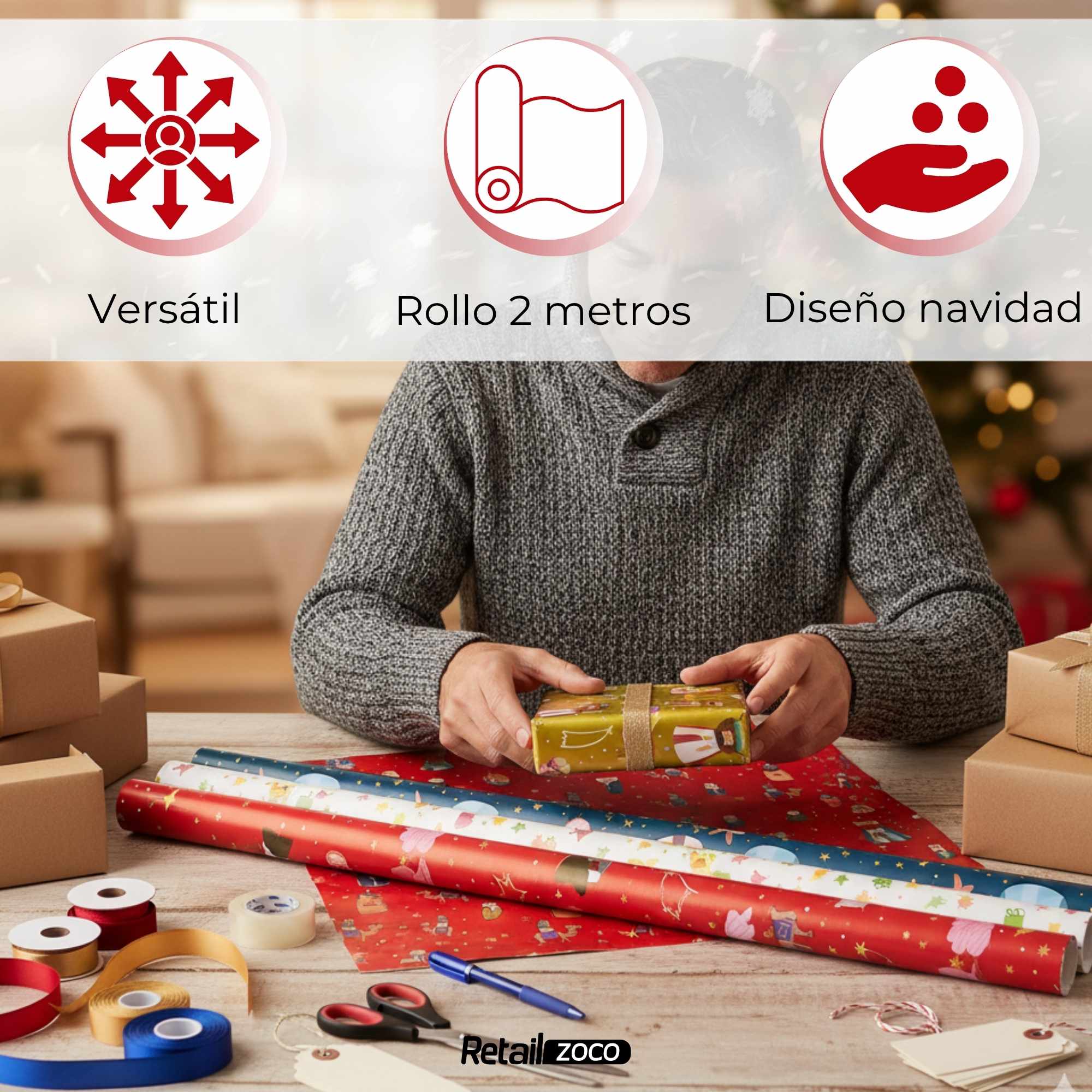 Rollo de papel de regalo navideño Reyes Magos 70 cm x 2 Metros - imagen 4
