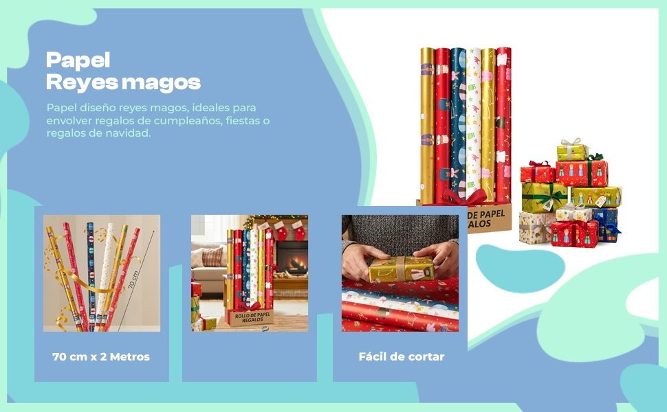 Banner - Rollo de papel de regalo navideño Reyes Magos 70 cm x 2 Metros