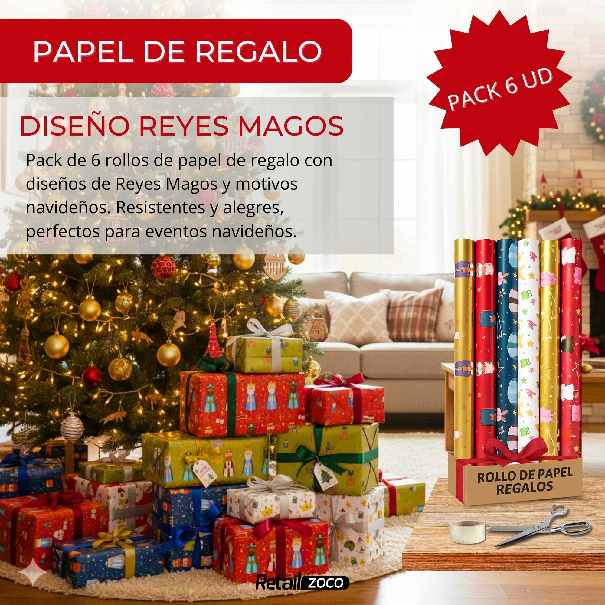 Rollo de papel de regalo navideño Reyes Magos 70 cm x 10 Metros - imagen 2