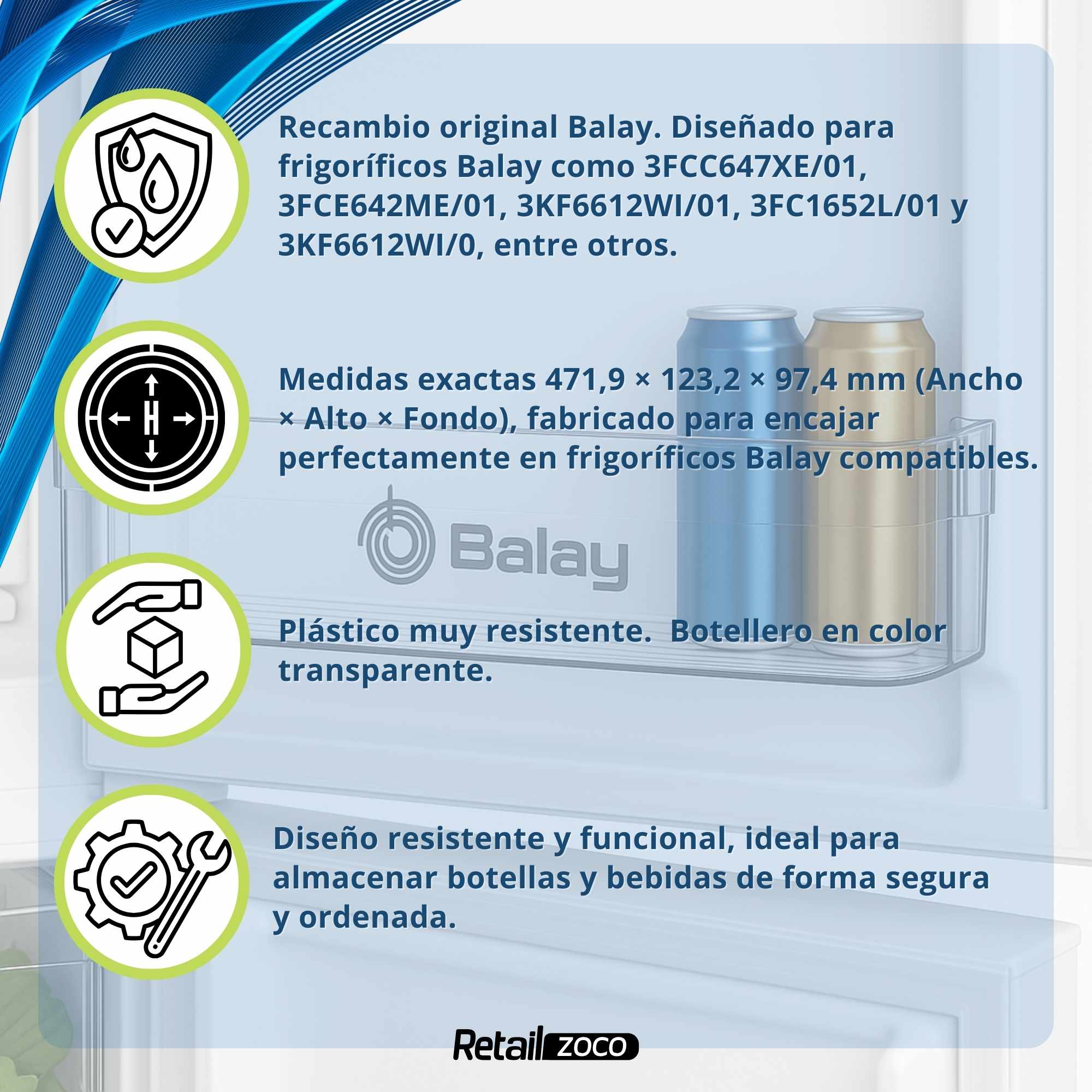 Estante Botellero Frigorífico compatible con Balay código original 11021186 00707403 - imagen 3