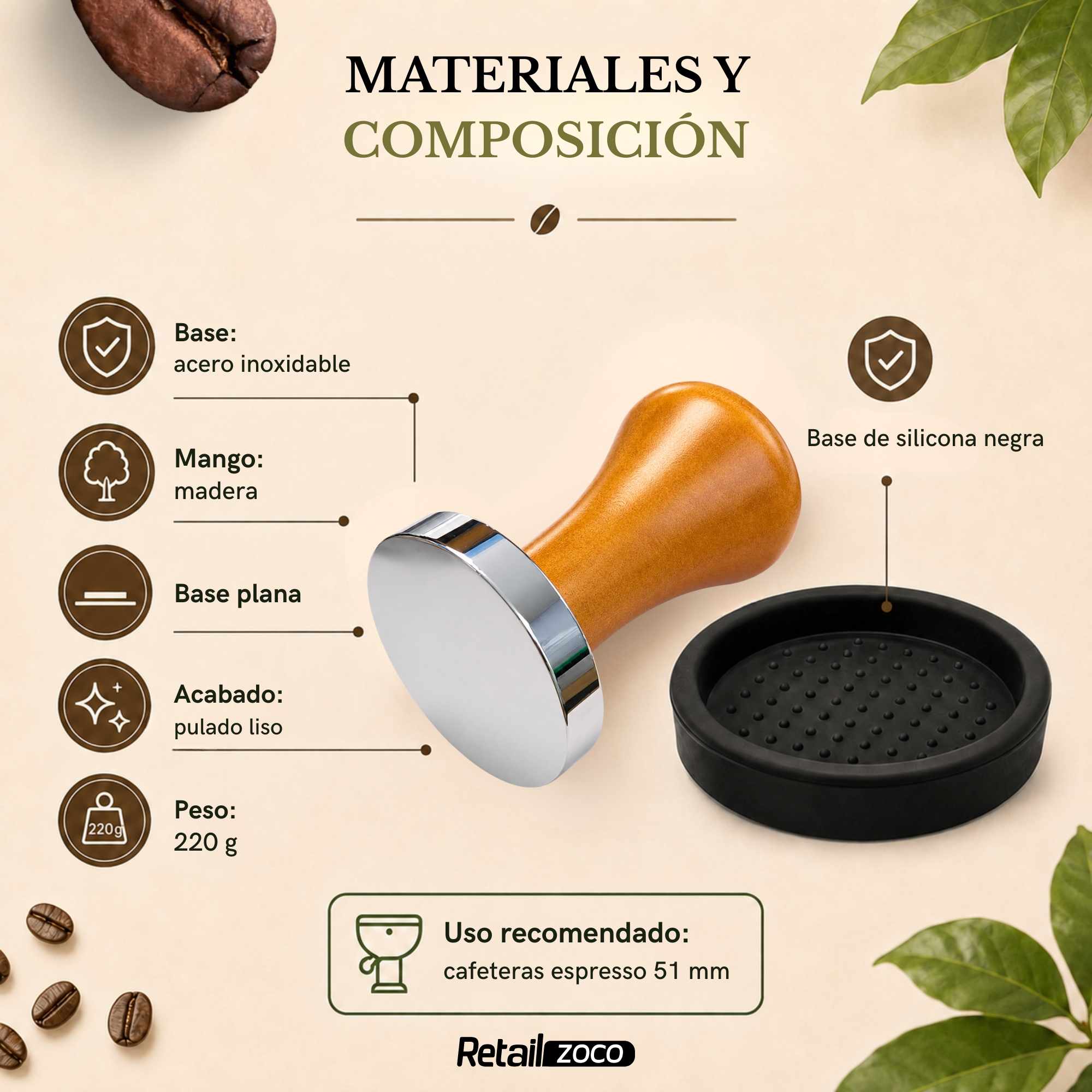 Prensador de café 51 mm Tamper de Acero Inoxidable - imagen 5