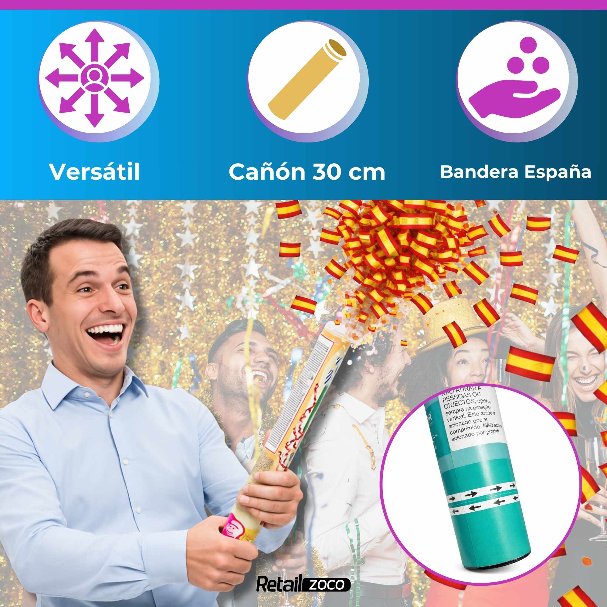 Cañón confeti de fiesta bandera de España 30 cm - imagen 5