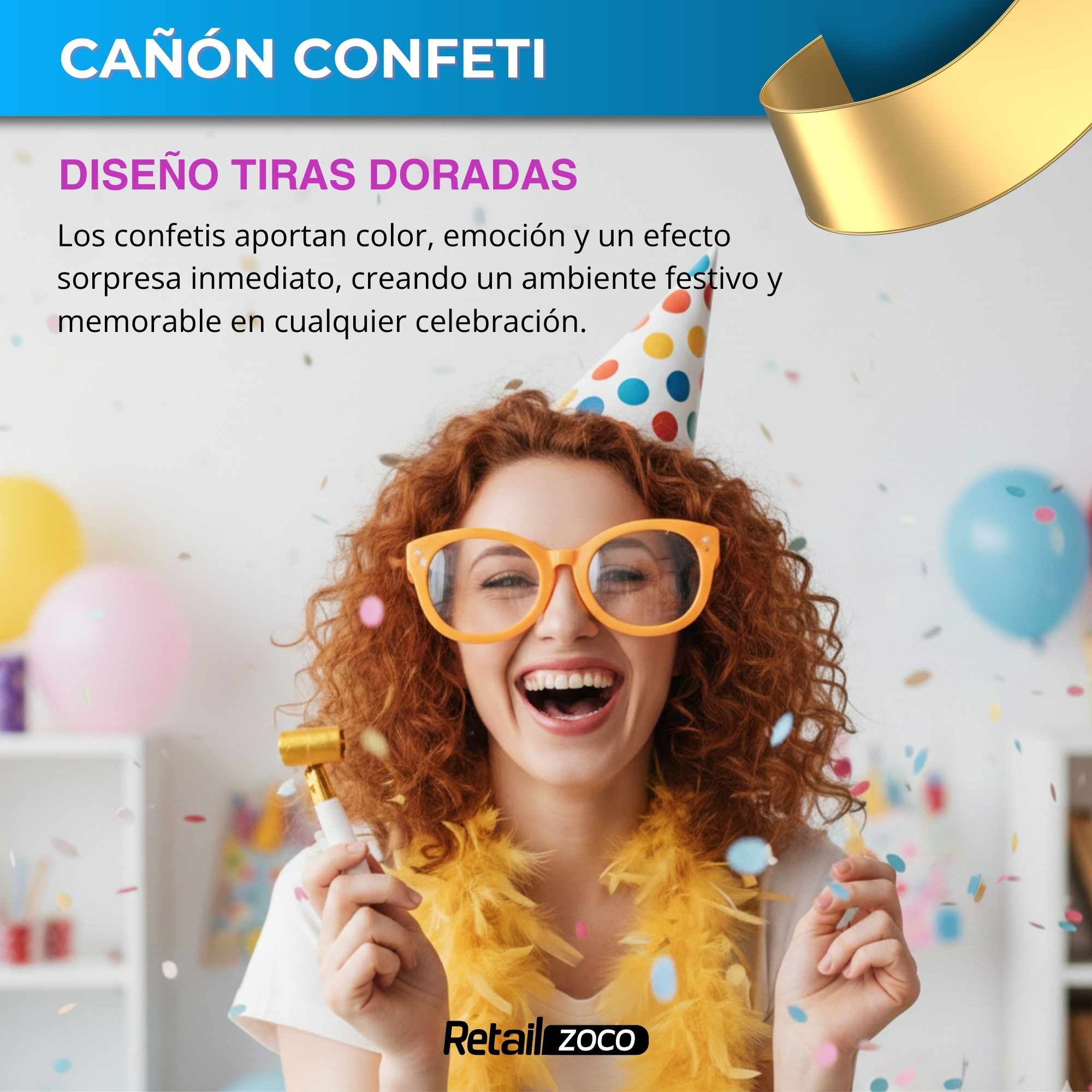 Cañón confeti de fiesta Tiras metalizadas Doradas 30 cm - imagen 2