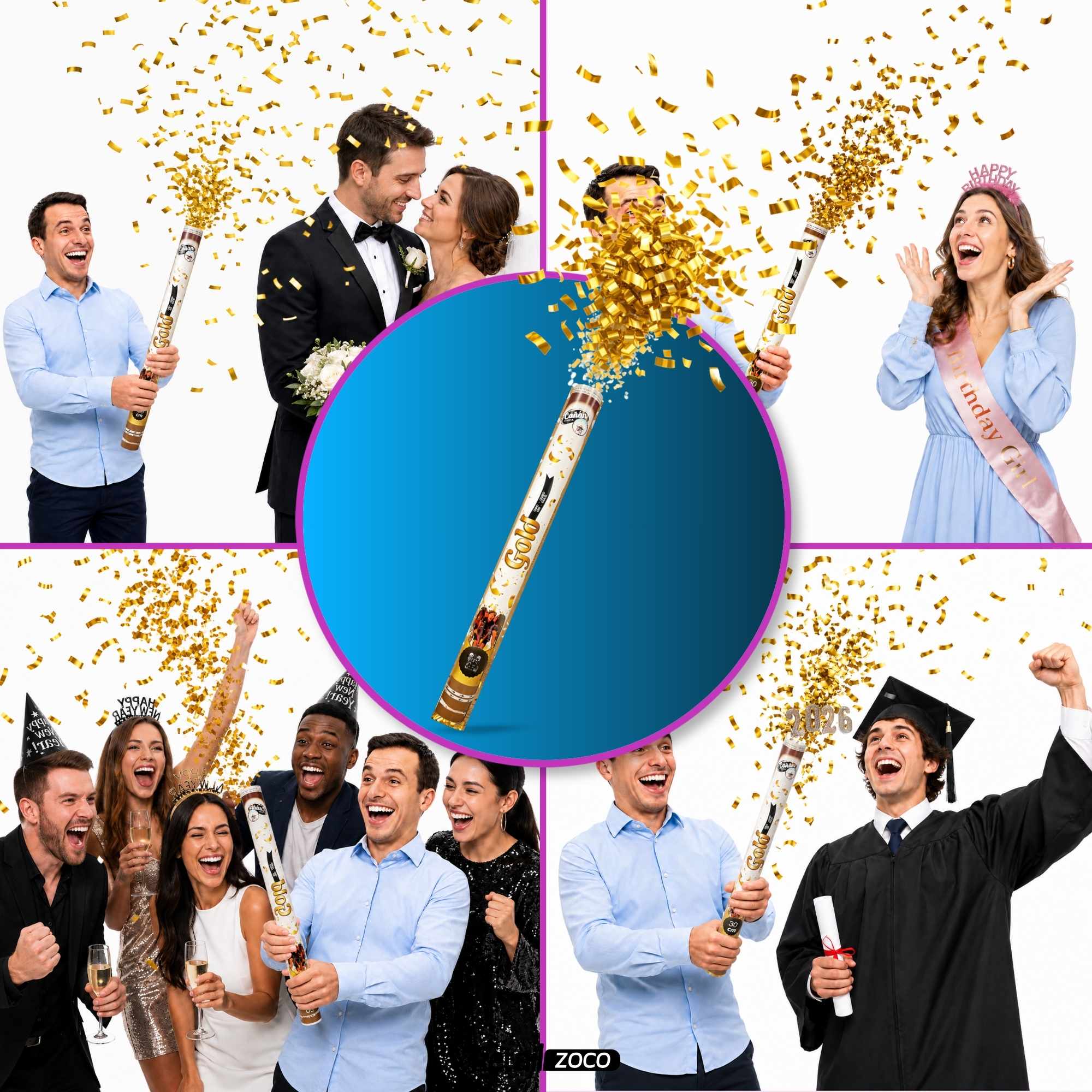 Cañón confeti de fiesta Tiras metalizadas Doradas 30 cm - imagen 3