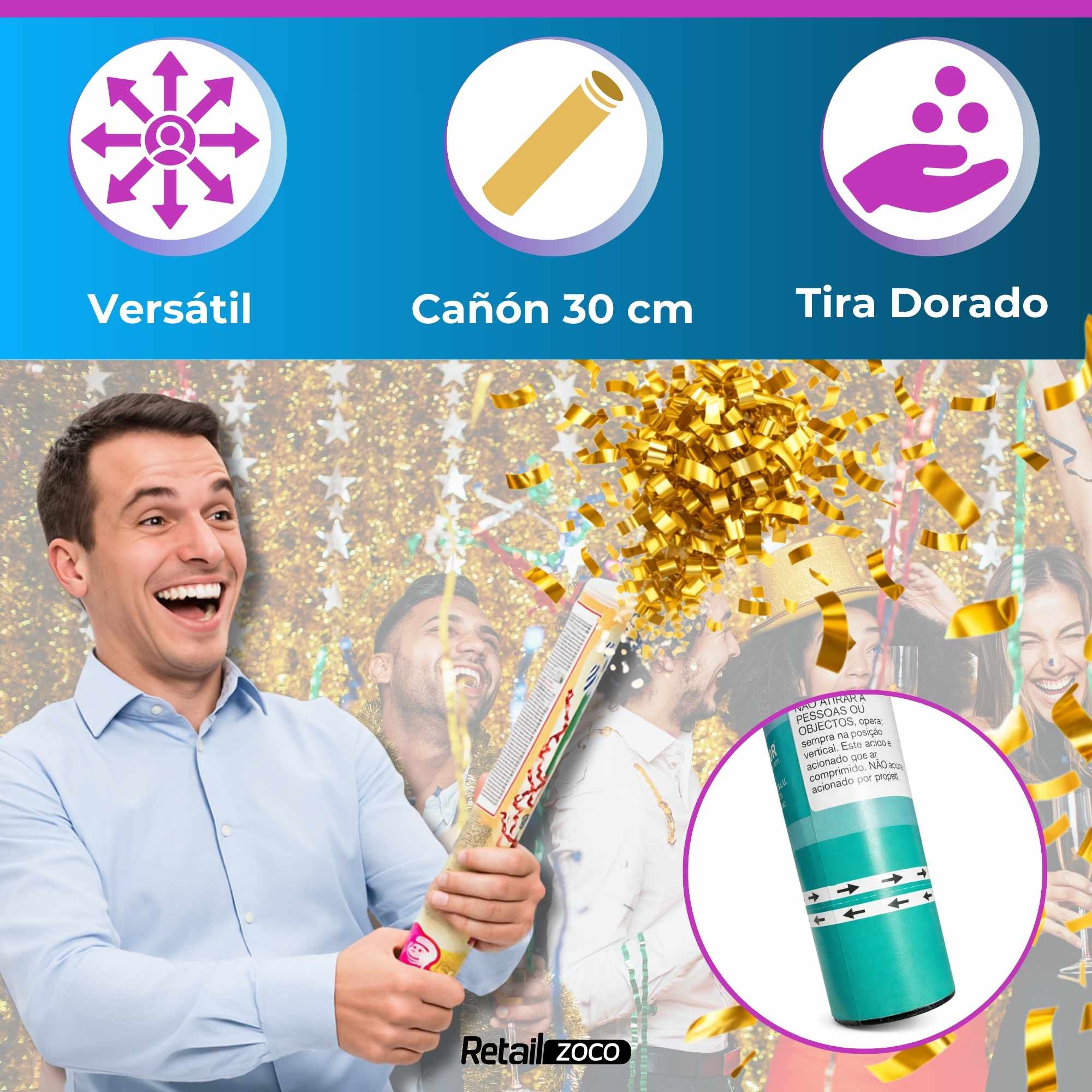 Cañón confeti de fiesta Tiras metalizadas Doradas 30 cm - imagen 4