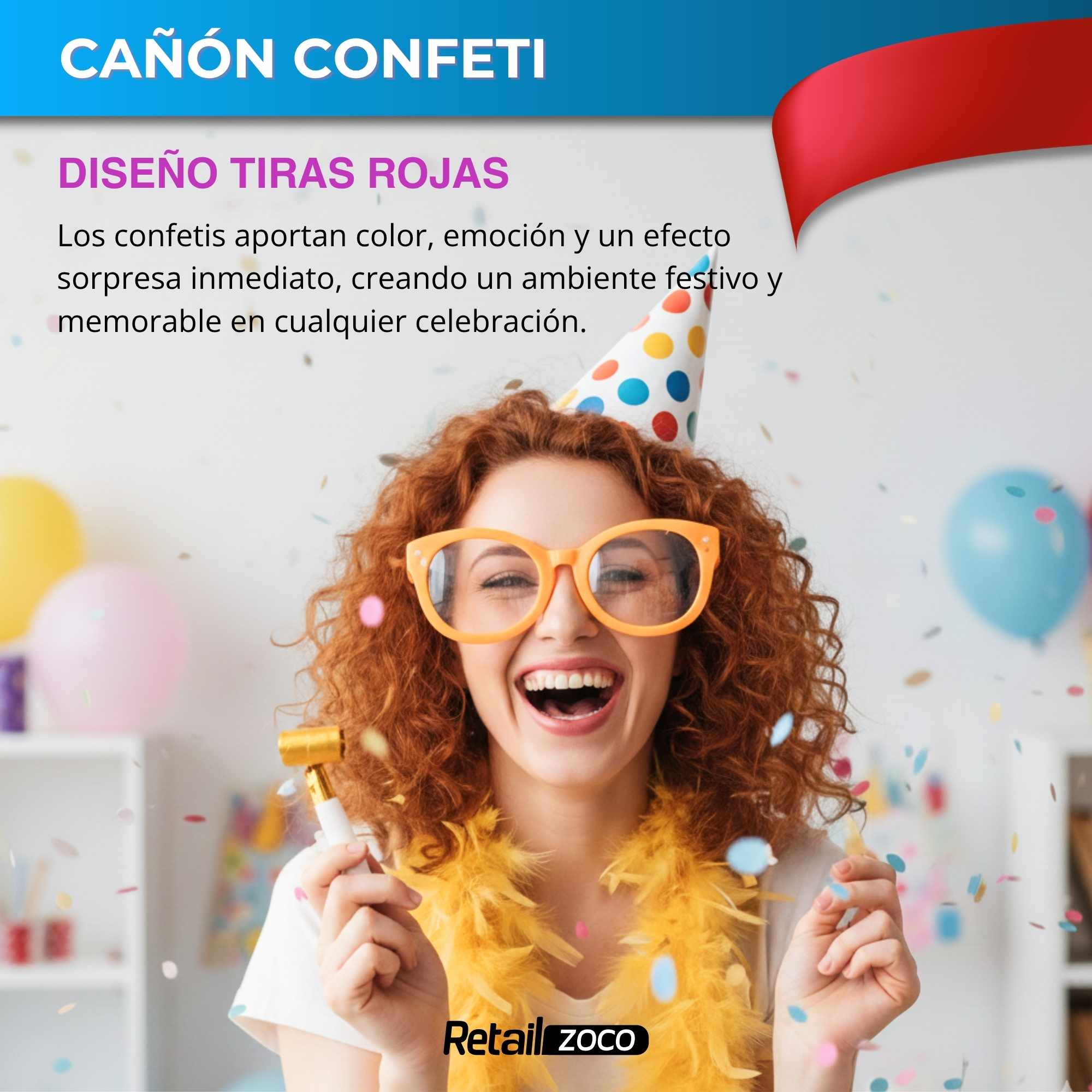 Cañón confeti de fiesta Tiras metalizadas Rojas 30 cm - imagen 2