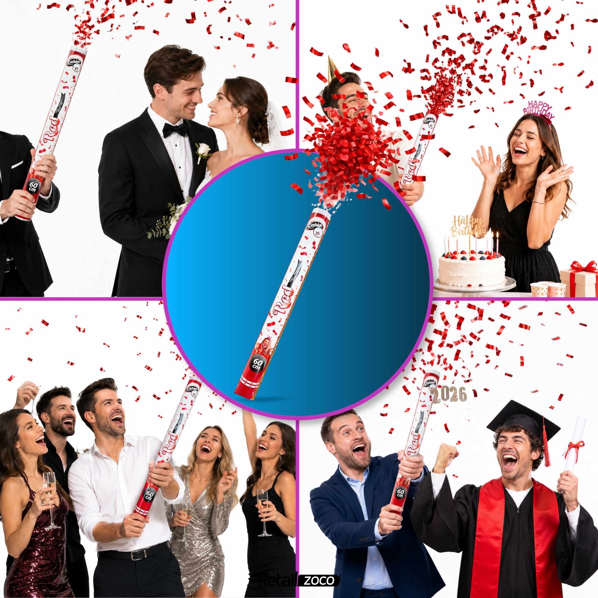 Cañón confeti de fiesta Tiras metalizadas Rojas 30 cm - imagen 3