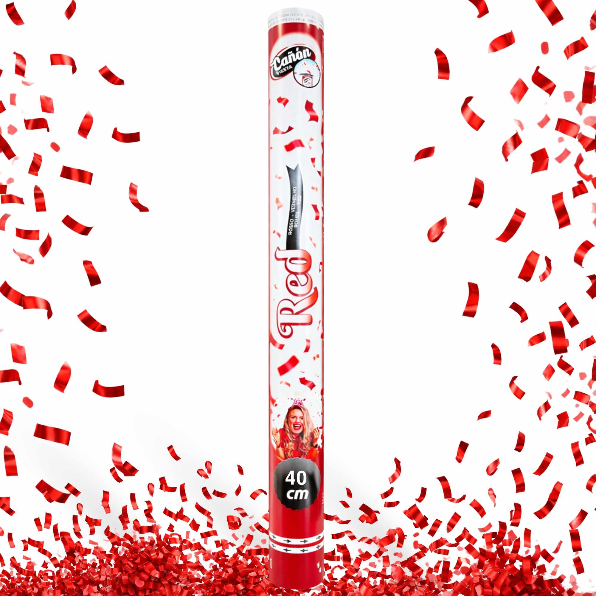 Cañón confeti de fiesta Tiras metalizadas Rojas 40 cm