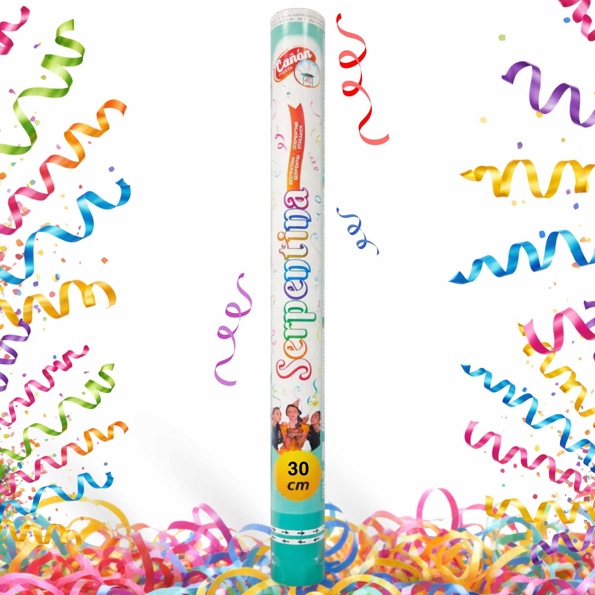 Cañón confeti de fiesta Serpentina de colores 30 cm