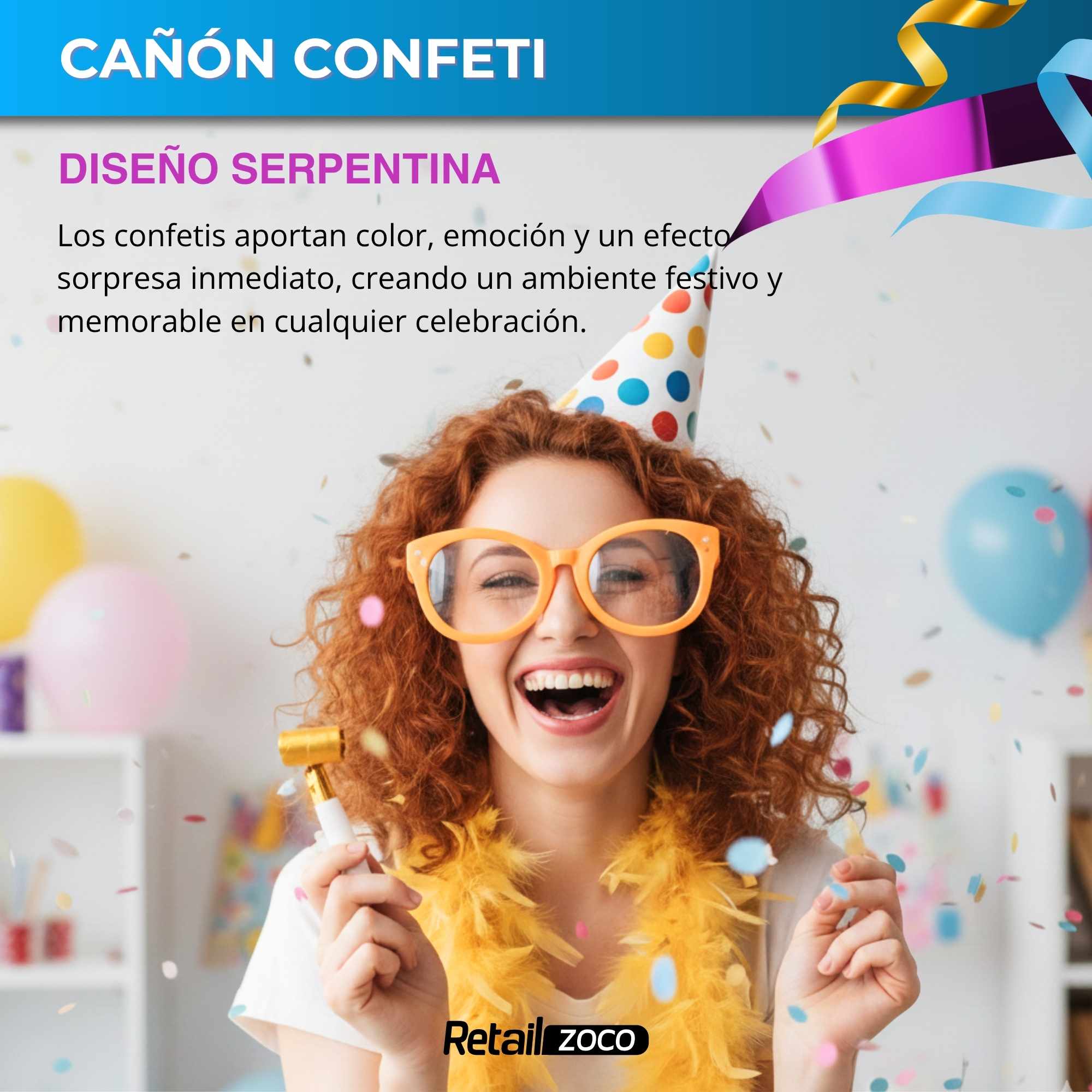 Cañón confeti de fiesta Serpentina de colores 40 cm - imagen 2