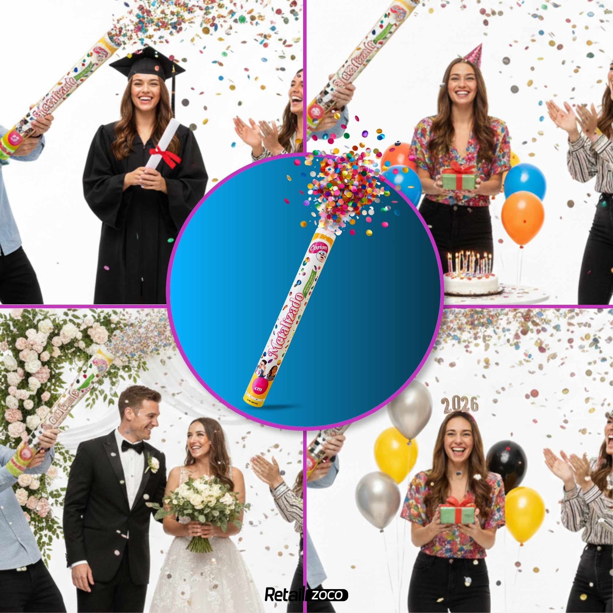Cañón confeti de fiesta Tiras metalizadas Multicolor 40 cm - imagen 4