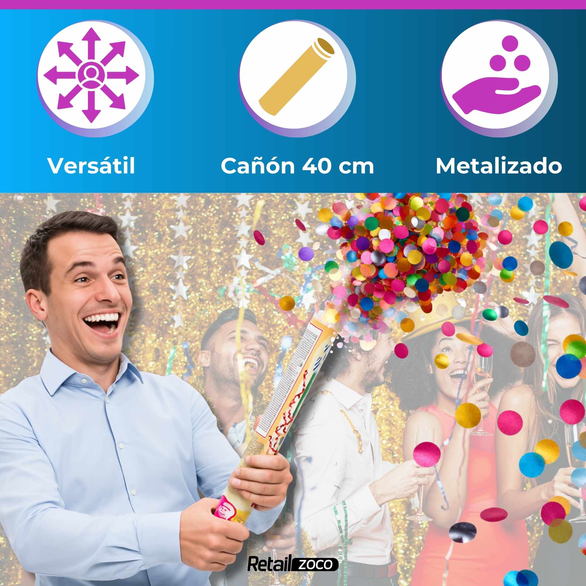 Cañón confeti de fiesta Tiras metalizadas Multicolor 40 cm - imagen 3