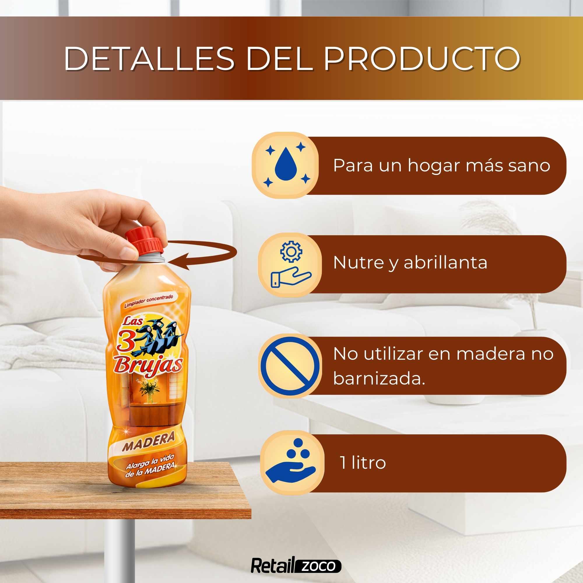 Limpiador concentrado para madera Las 3 Brujas 1 Litro - imagen 3
