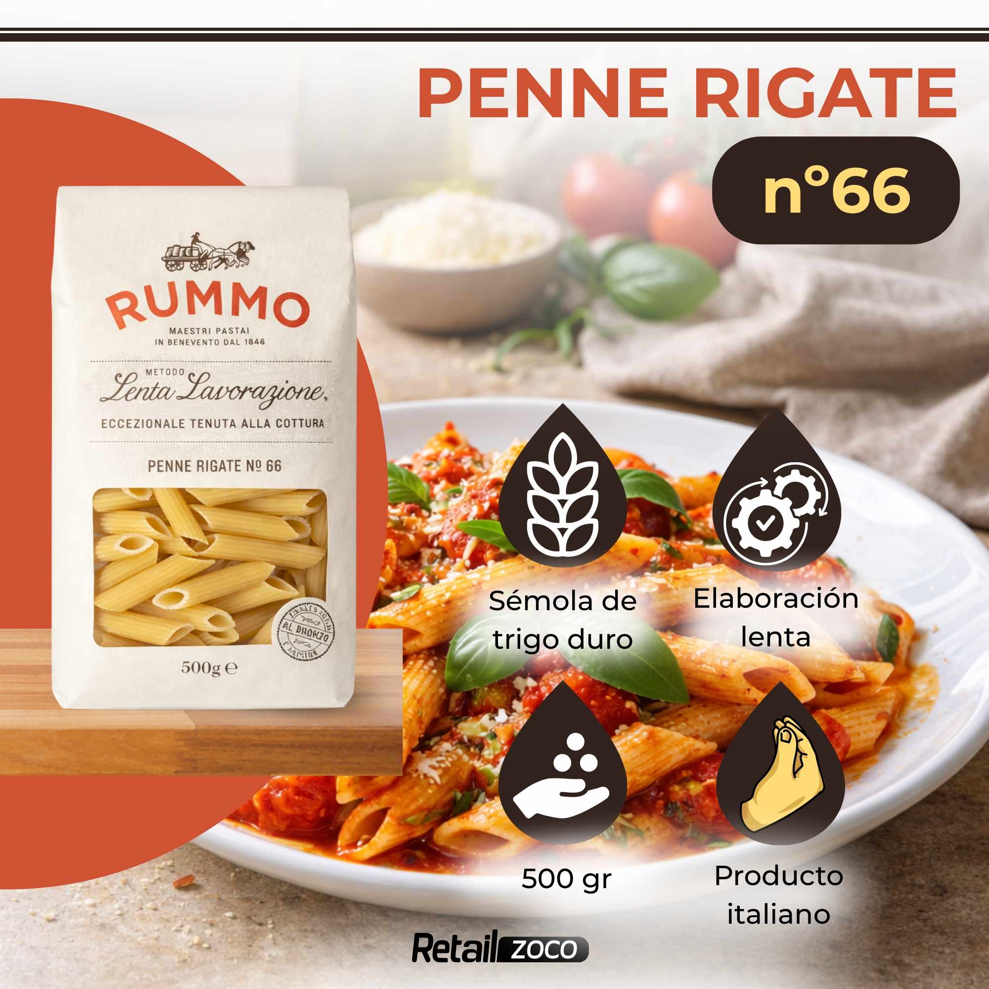 Pasta Rummo Penne Rigate Nº66 500g - imagen 2