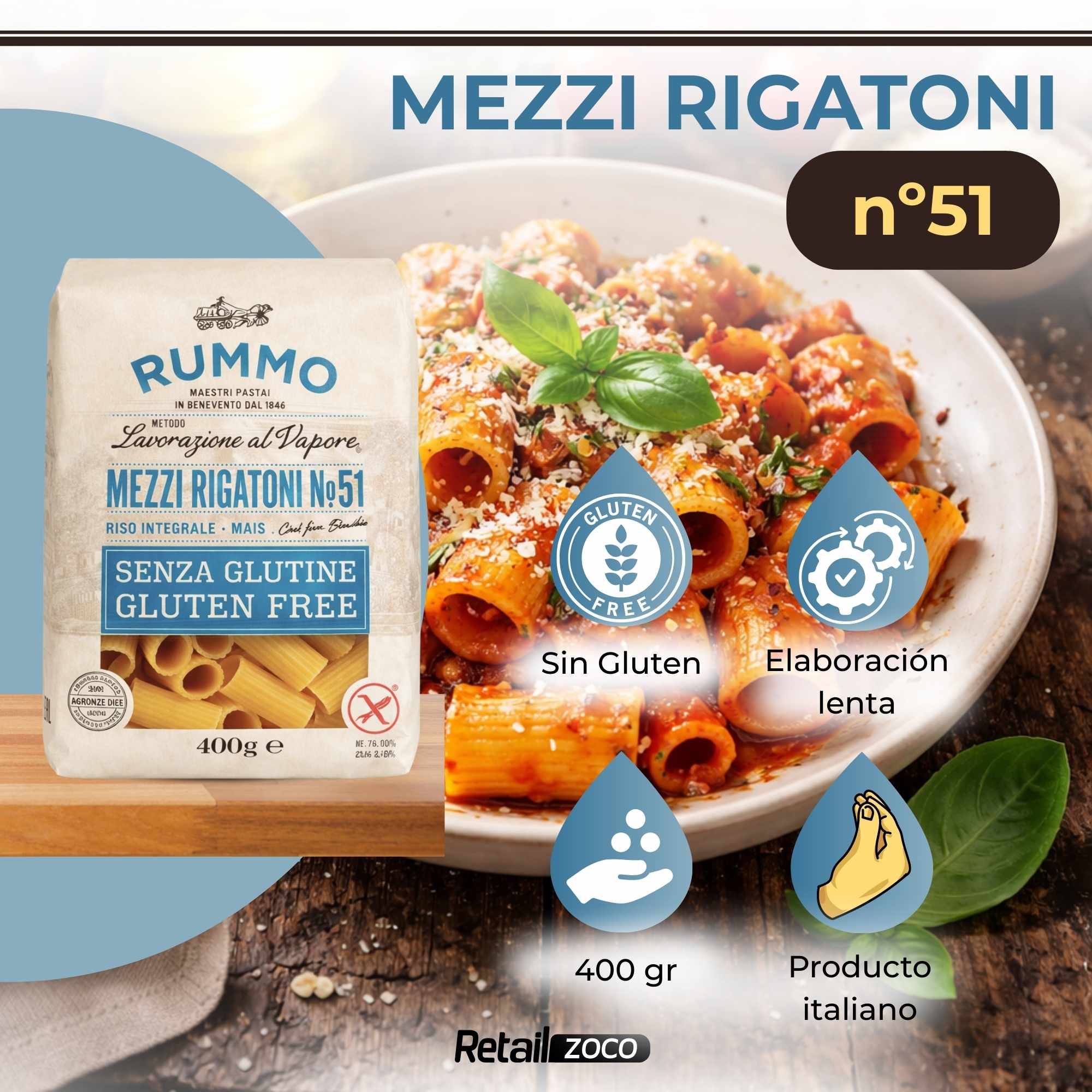 Pasta Rummo Mezzi Rigatoni SIN Gluten nº 51 de 400g - imagen 2