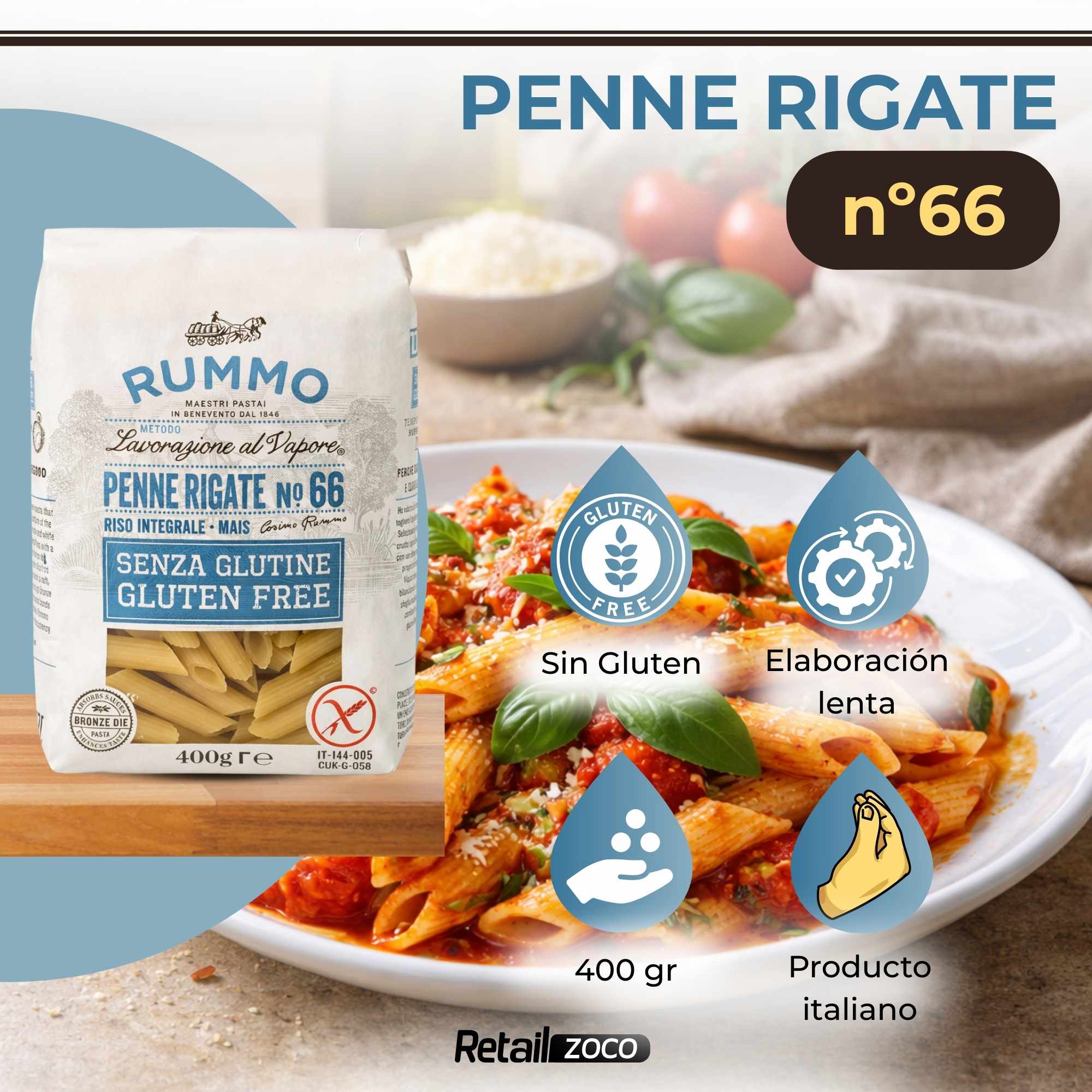 Pasta Rummo Penne Rigate SIN Gluten Nº66 de 400g - imagen 2