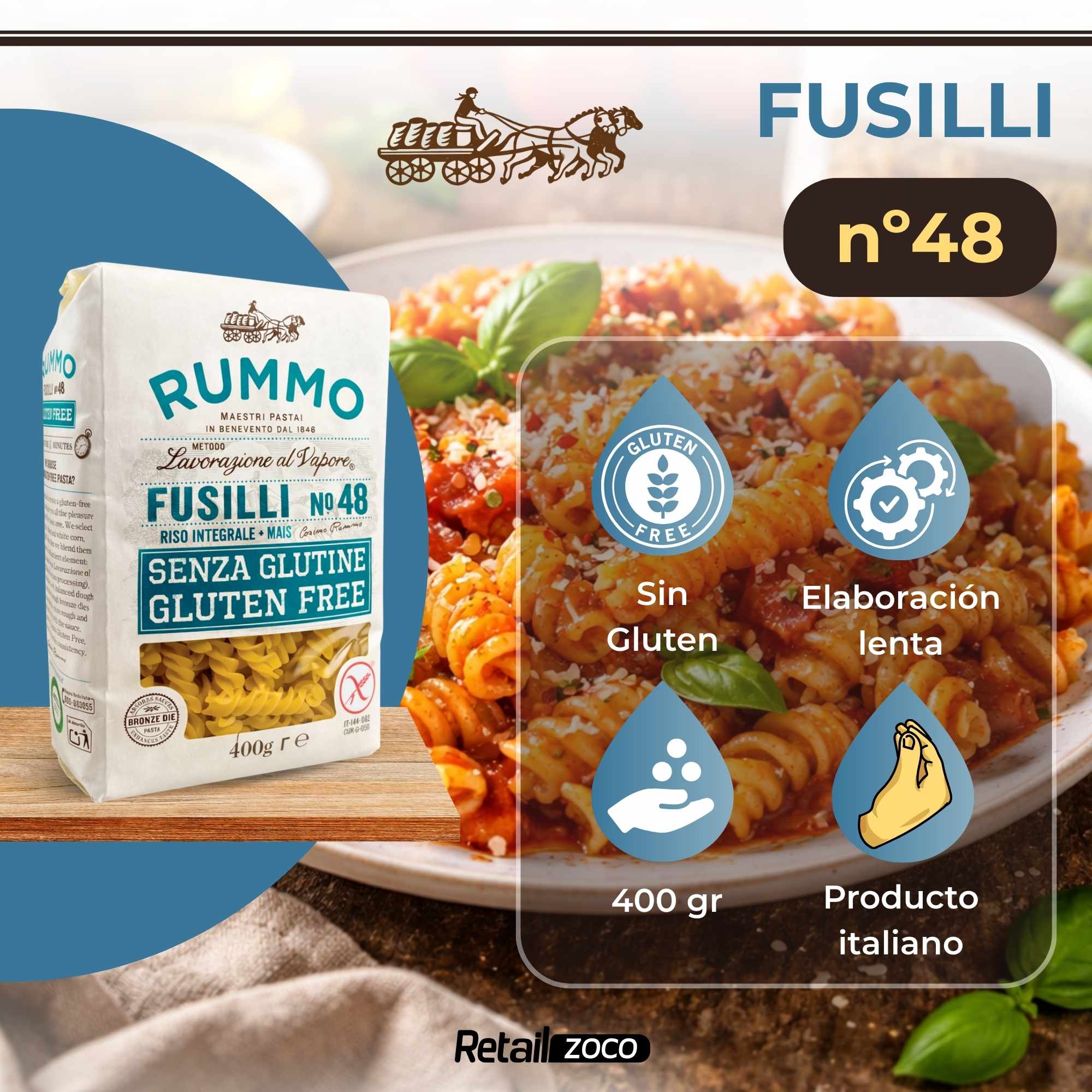 Pasta Rummo Fusilli Nº48 SIN Gluten de 400g - imagen 2