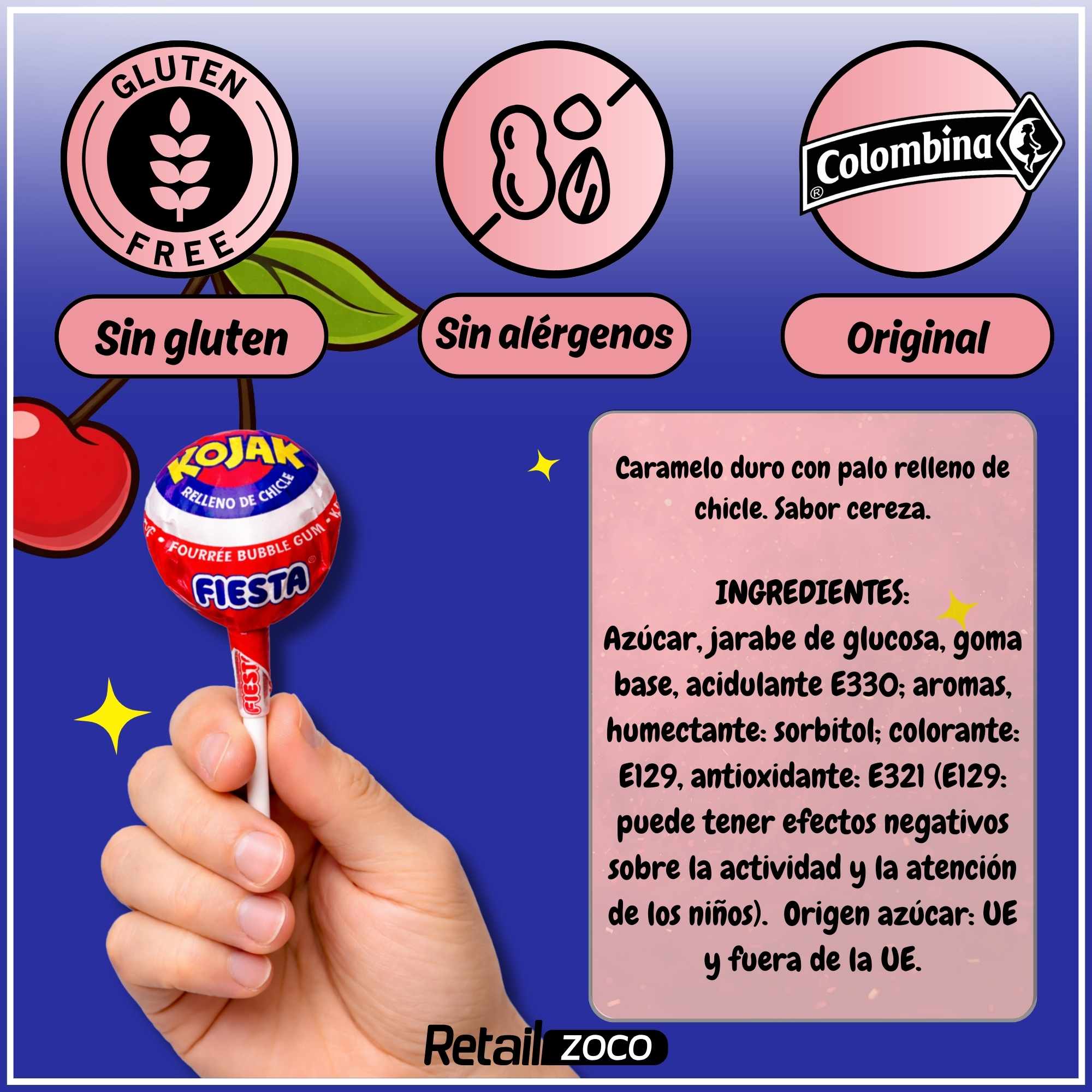 Caramelo con Palo Sabor cereza Fiesta Kojak Pack 100 unidades - imagen 6