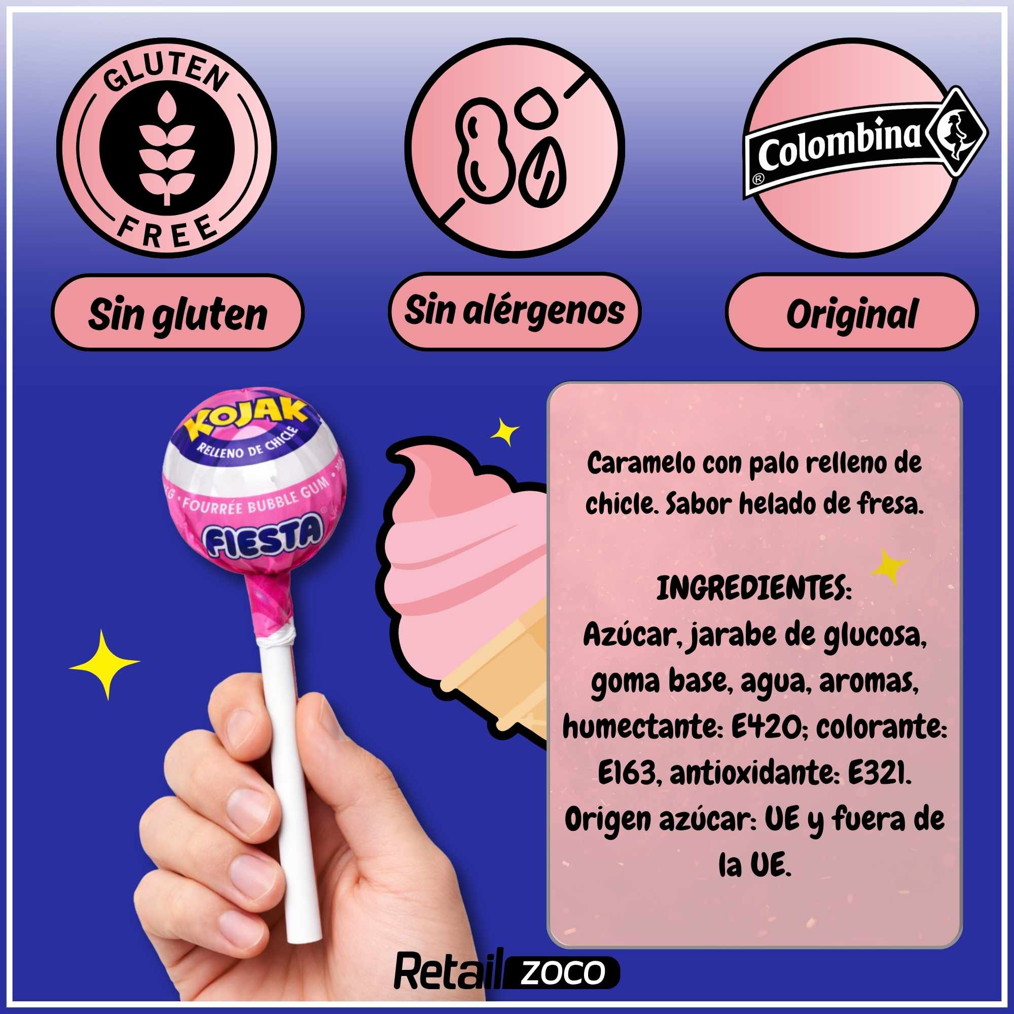 Caramelo con Palo Sabor helado de fresa Fiesta Kojak Pack 100 unidades - imagen 6