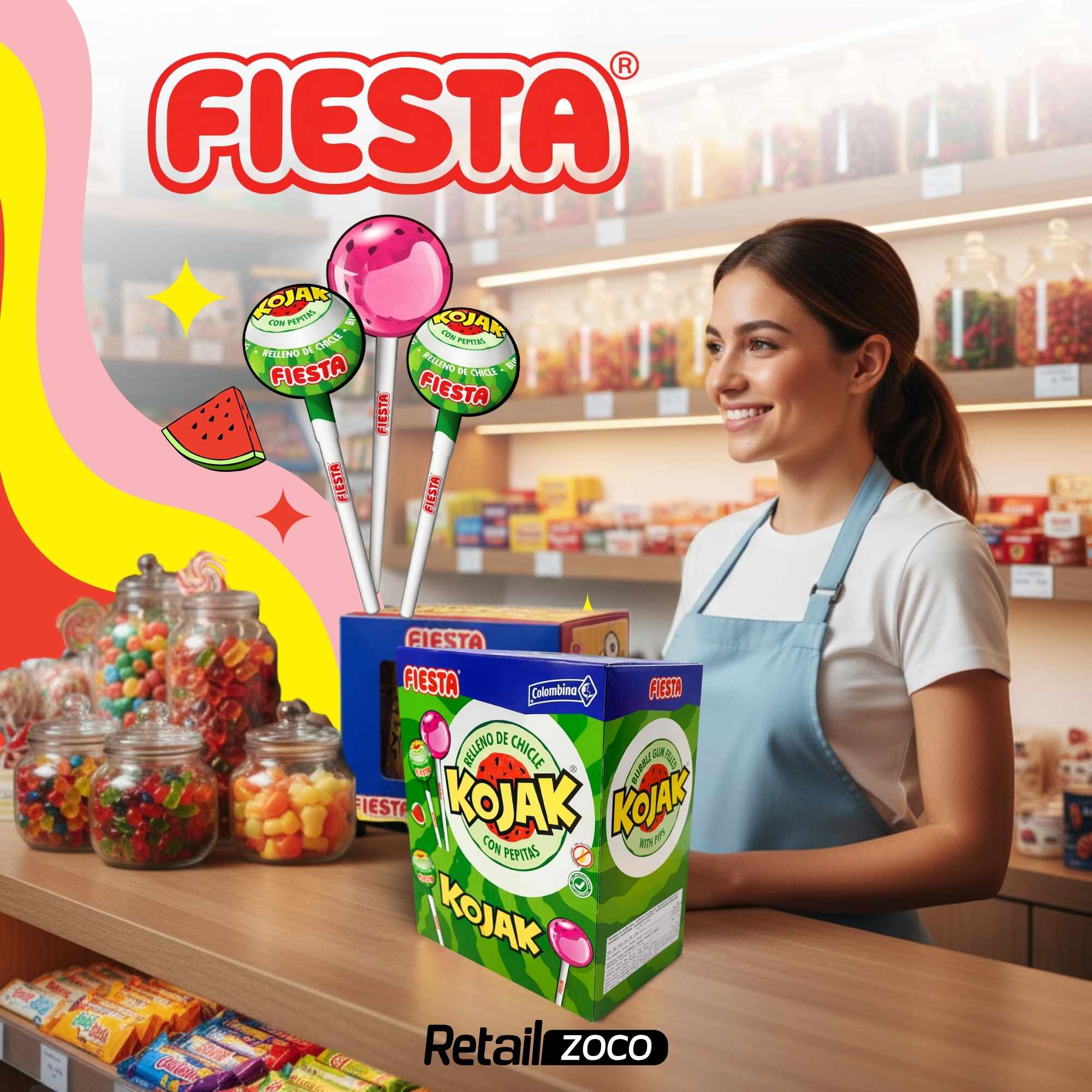 Caramelo con Palo Sabor sandia Fiesta Kojak Pack 100 unidades - imagen 2